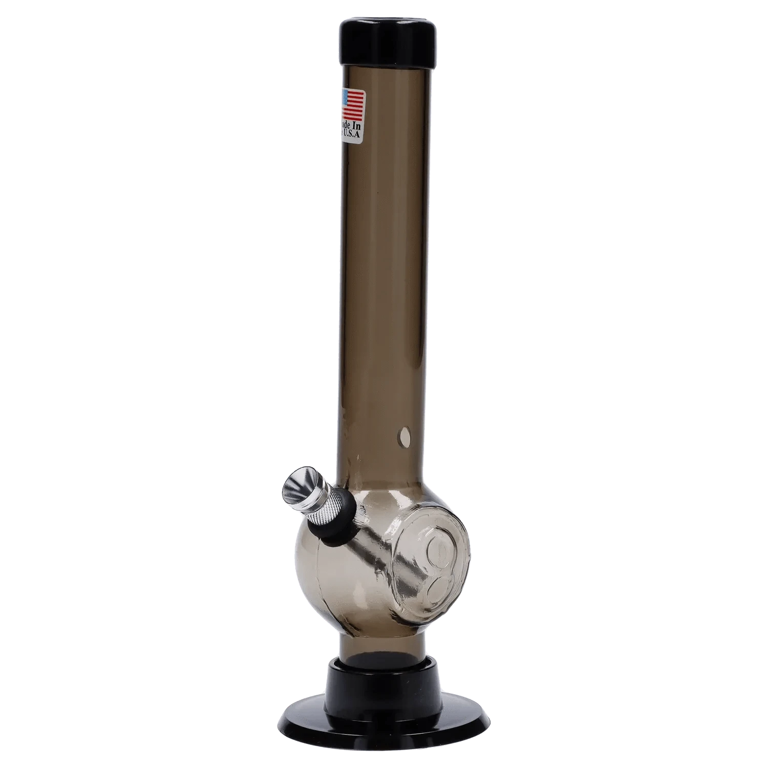 Centered front view of the JM Plastics Magic 8 Ball Base with Carb Hole Acrylic Bong showing a smoked brown tube and black base.