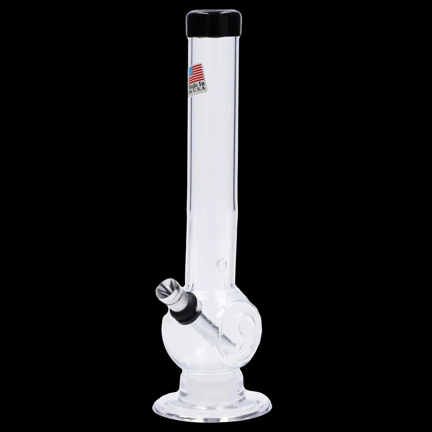 Vertical front view of the JM Plastics Magic 8 Ball Base with Carb Hole Acrylic Bong - 8 in., shown clear against a black background with a visible black-rimmed mouthpiece and angled metal bowl.
