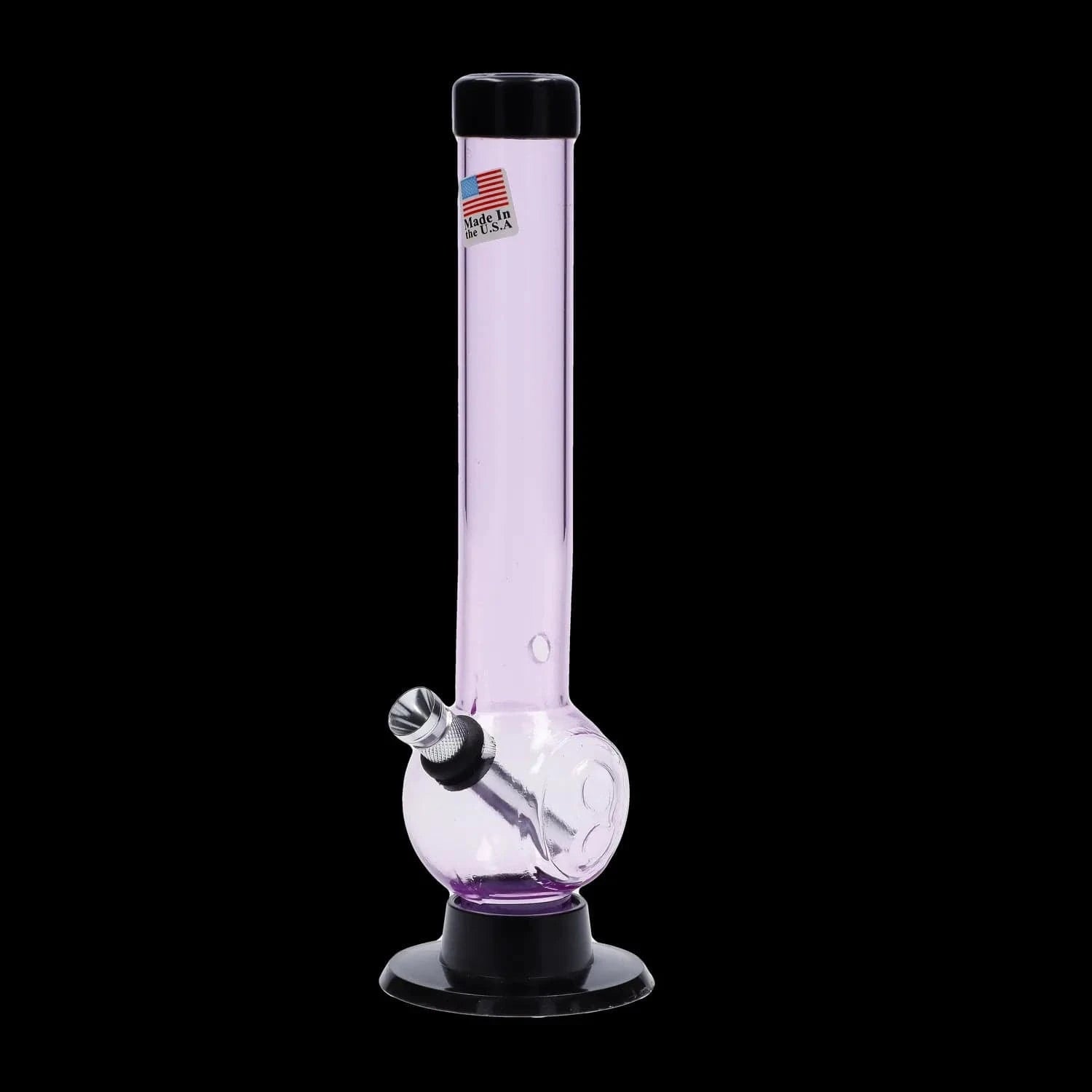 Centered front view of the JM Plastics Magic 8 Ball Base with Carb Hole Acrylic Bong - 8 in., a translucent light-purple tube and round chamber with a metal downstem and black base against a solid black background