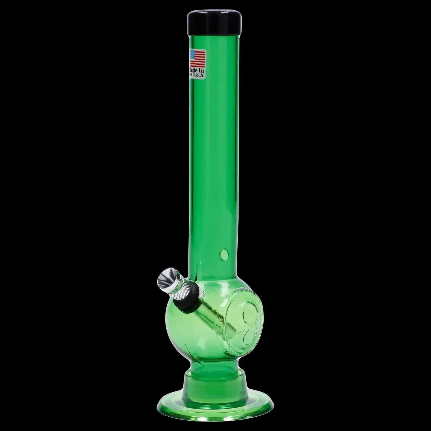 Center-framed, front view of the green JM Plastics Magic 8 Ball Base with Carb Hole Acrylic Bong - 8 in., lit against a black background.