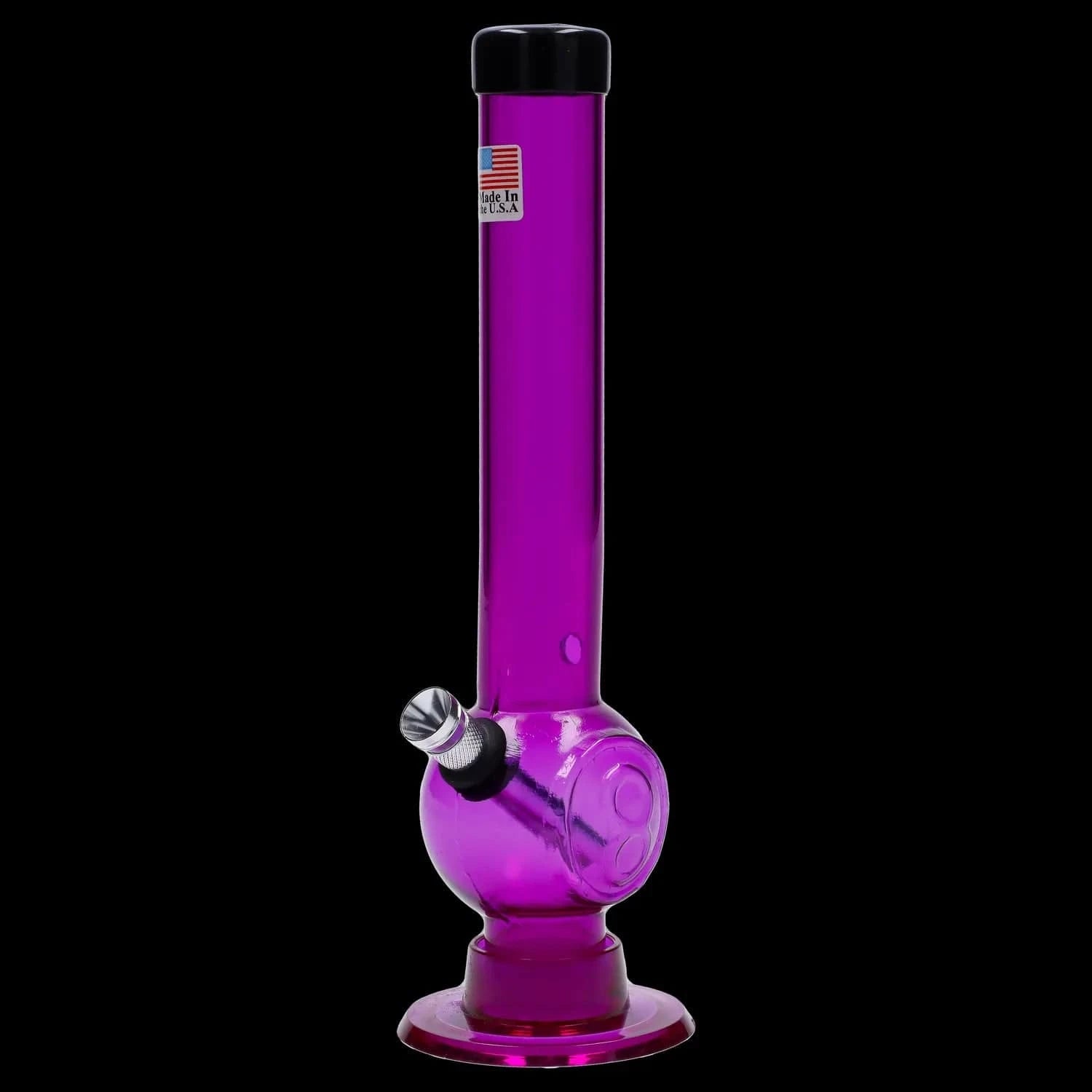 Vertical close-up of the purple JM Plastics Magic 8 Ball Base with Carb Hole Acrylic Bong - 8 in., centered against a black background showing its cylindrical neck, round base and metal bowl.