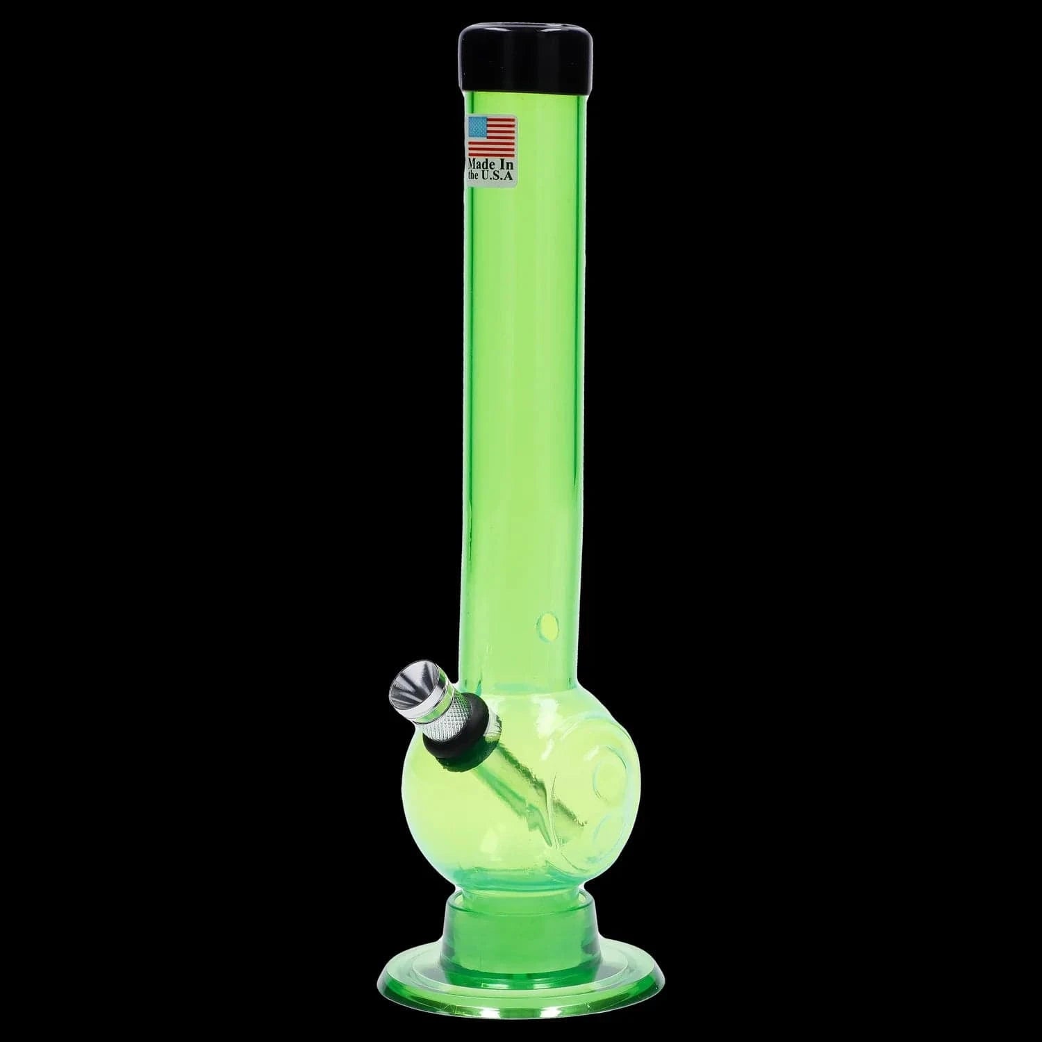 Vertical studio shot of the JM Plastics Magic 8 Ball Base with Carb Hole Acrylic Bong - 8 in. in translucent green against a black background, showing its straight neck, round bulb base and metal bowl.