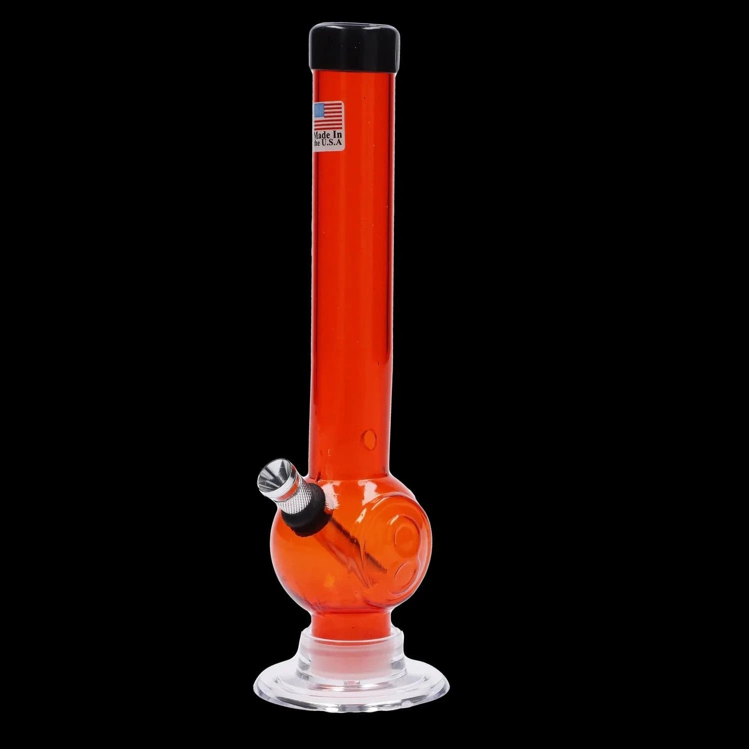 Centered front view of the JM Plastics Magic 8 Ball Base with Carb Hole Acrylic Bong - 8 in., orange tube and black top against black.