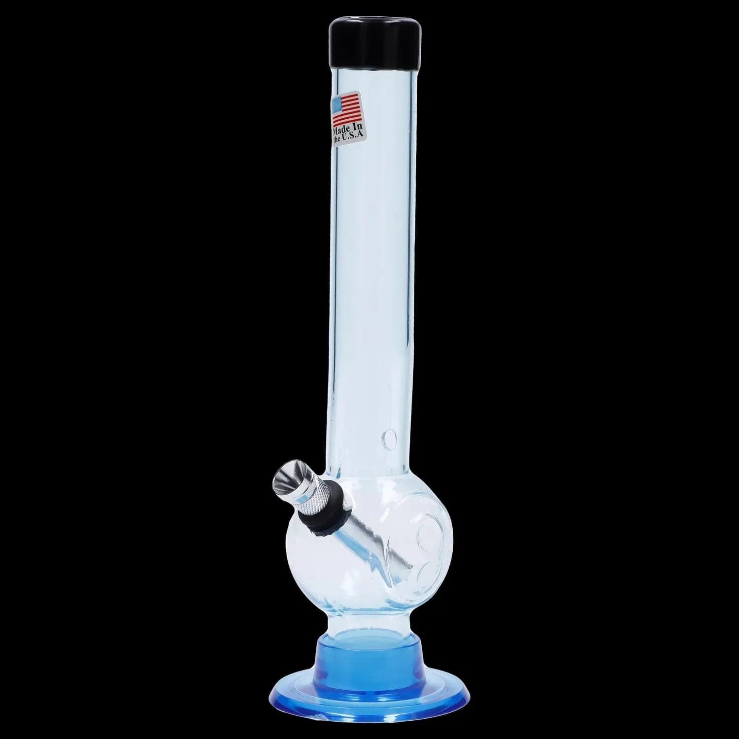 Front view of the JM Plastics Magic 8 Ball Base with Carb Hole Acrylic Bong - 8 in., shown clear with an orange-tinted blue base on black.