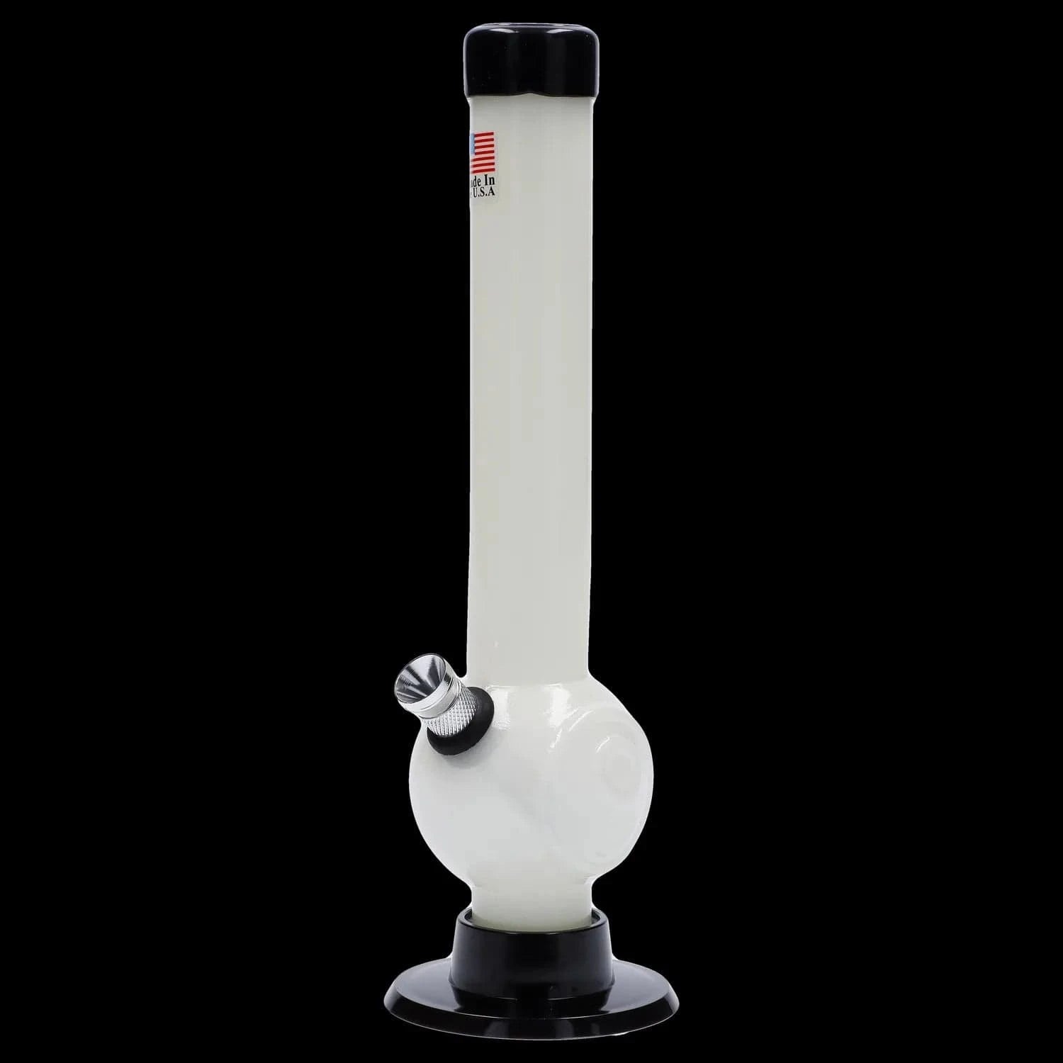 Front view of the JM Plastics Magic 8 Ball Base with Carb Hole Acrylic Bong - 8 in., shown in white with a black mouthpiece and base against a black background.
