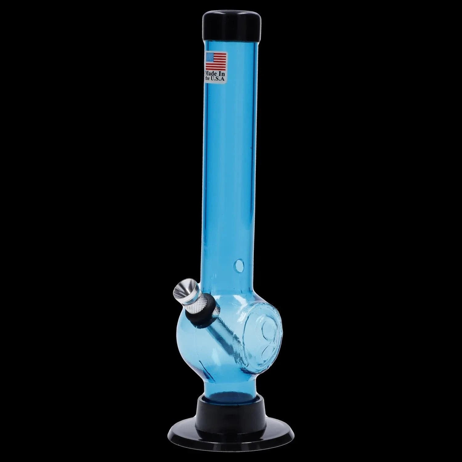 Straight-on view of the JM Plastics Magic 8 Ball Base with Carb Hole Acrylic Bong - 8 in. in clear blue with a black base and visible metal bowl against a black background