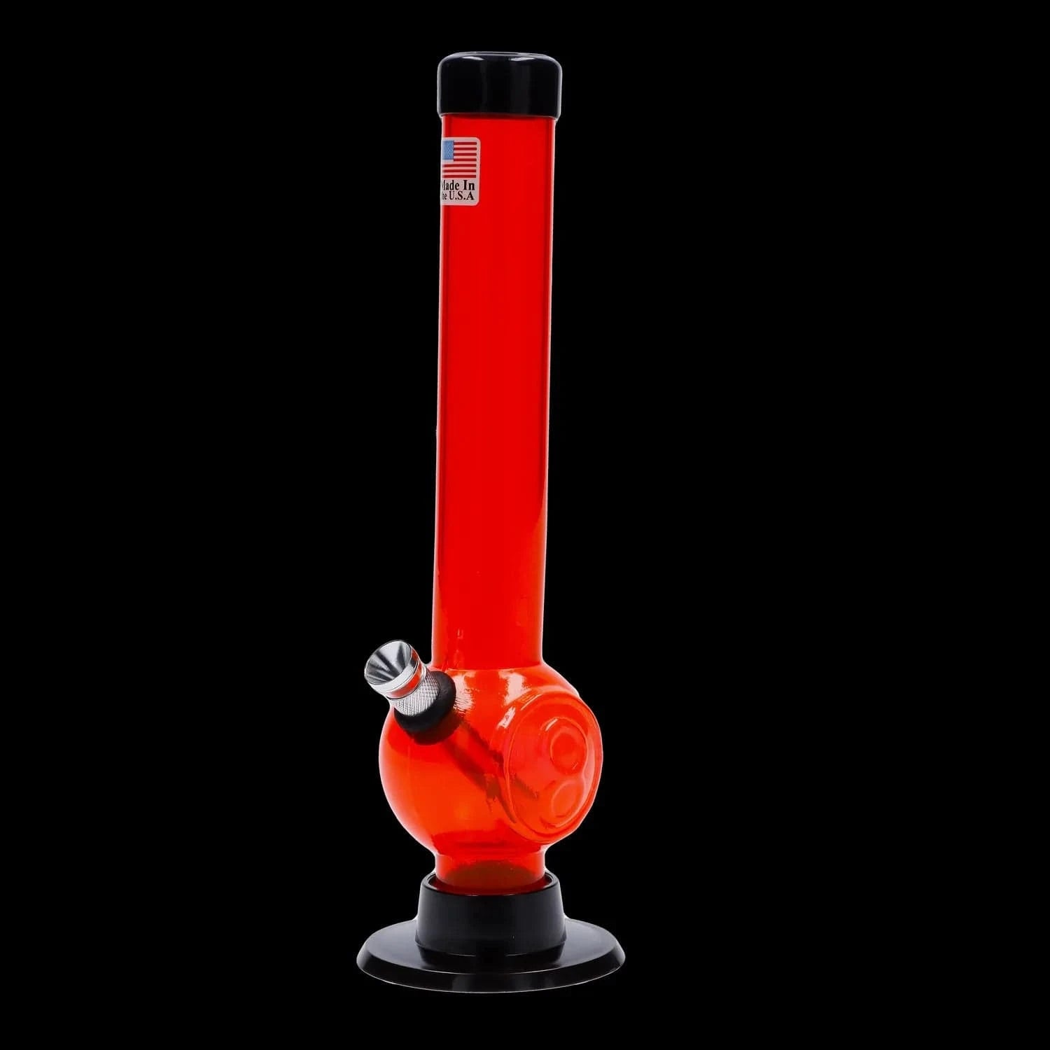 Vertical studio shot of the JM Plastics Magic 8 Ball Base with Carb Hole Acrylic Bong - 8 in., showing a clear orange straight tube and round base on a black background.