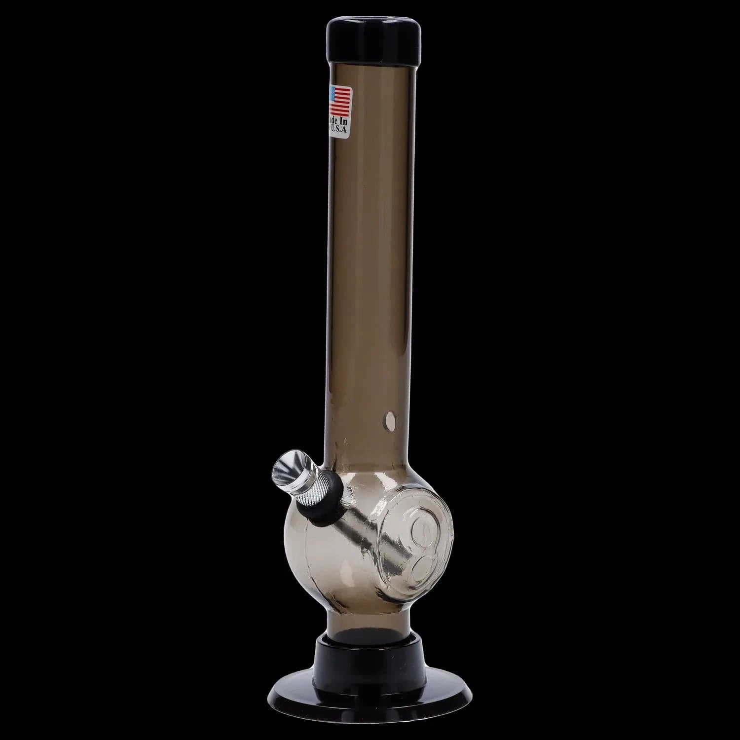 Centered front view of the JM Plastics Magic 8 Ball Base with Carb Hole Acrylic Bong - 8 in., showing its smoky brown straight tube, round 8-ball chamber, angled metal bowl and black base against a black background.