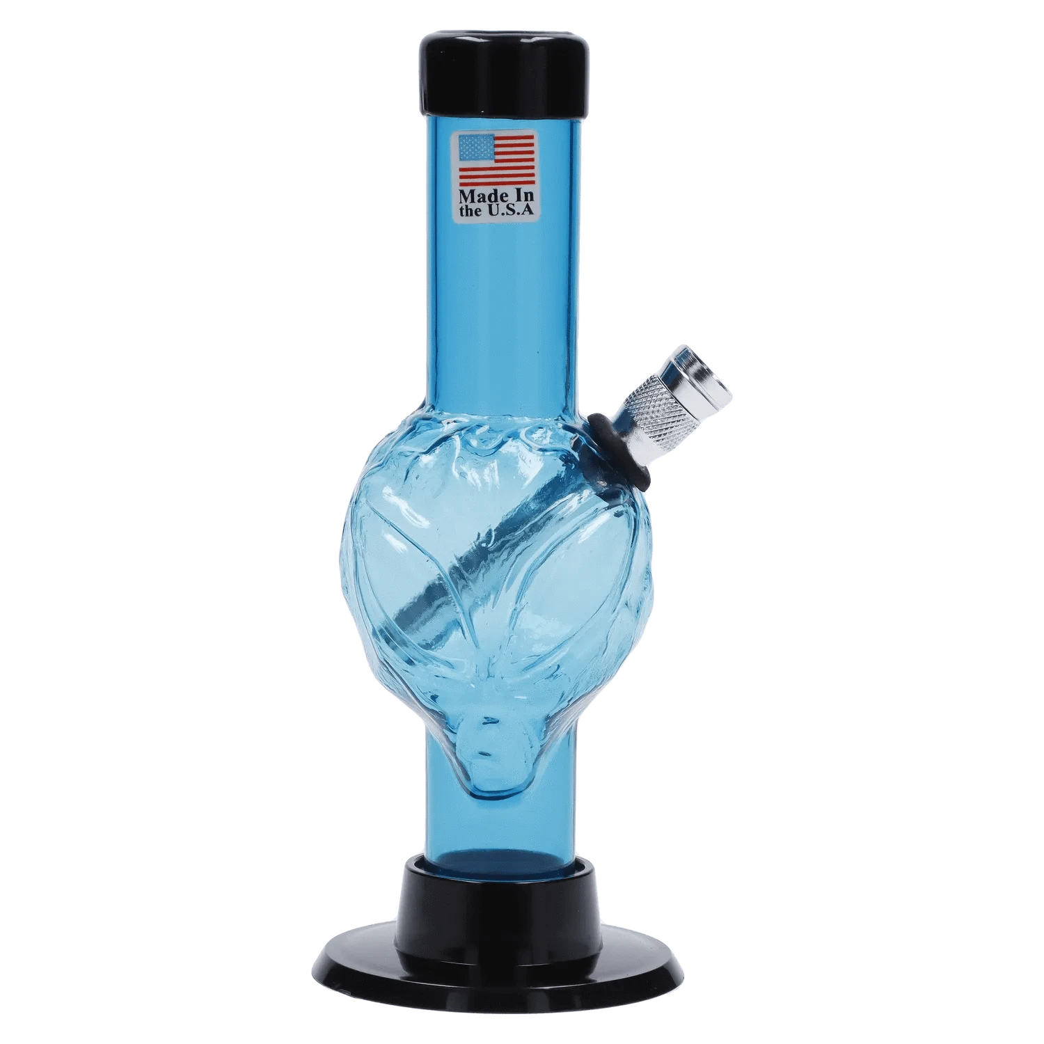 Centered front view of the JM Plastics Mini Alien Base Acrylic Bong - 6 in. in translucent light blue with an alien-face bulb, angled metal bowl, and black base.