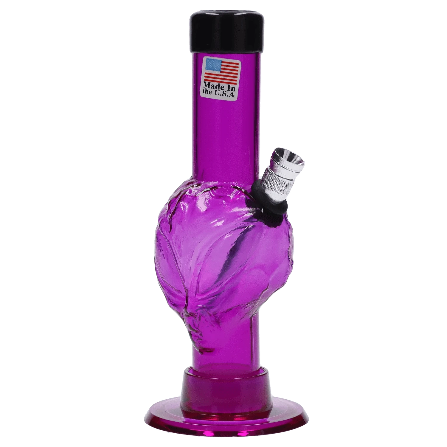 Close-up front view of the JM Plastics Mini Alien Base Acrylic Bong - 6 in. in translucent purple showing its textured alien‑head base, angled metal bowl, and USA sticker.