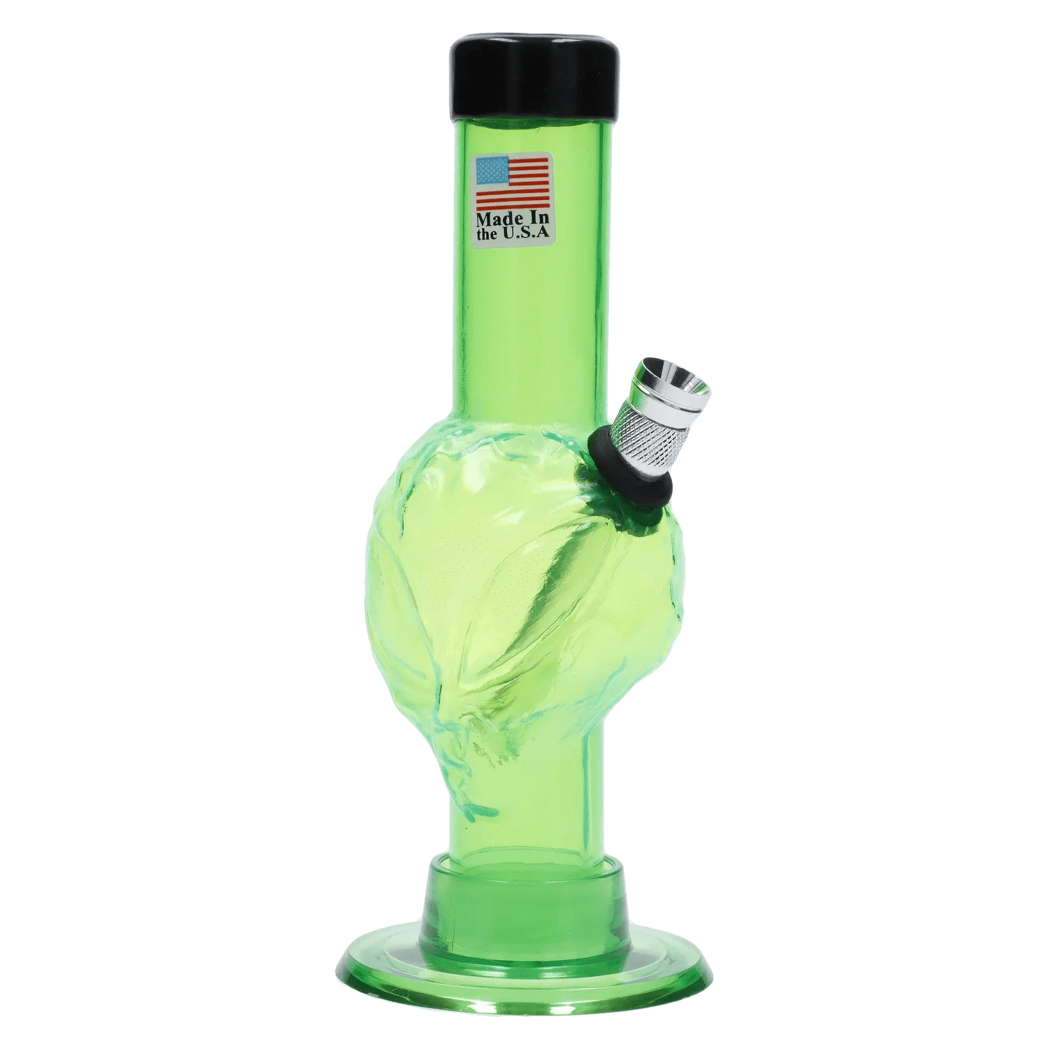 Front view of the light green JM Plastics Mini Alien Base Acrylic Bong - 6 in. showing a textured alien-head bulb, angled metal bowl, and black rimmed mouthpiece.