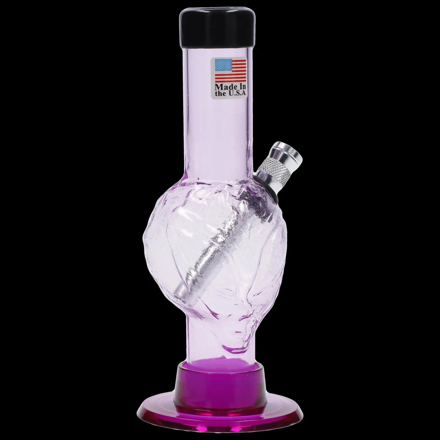 Close-up front view of the JM Plastics Mini Alien Base Acrylic Bong - 6 in., showing its purple-tinted neck, textured globe, and angled metal bowl.