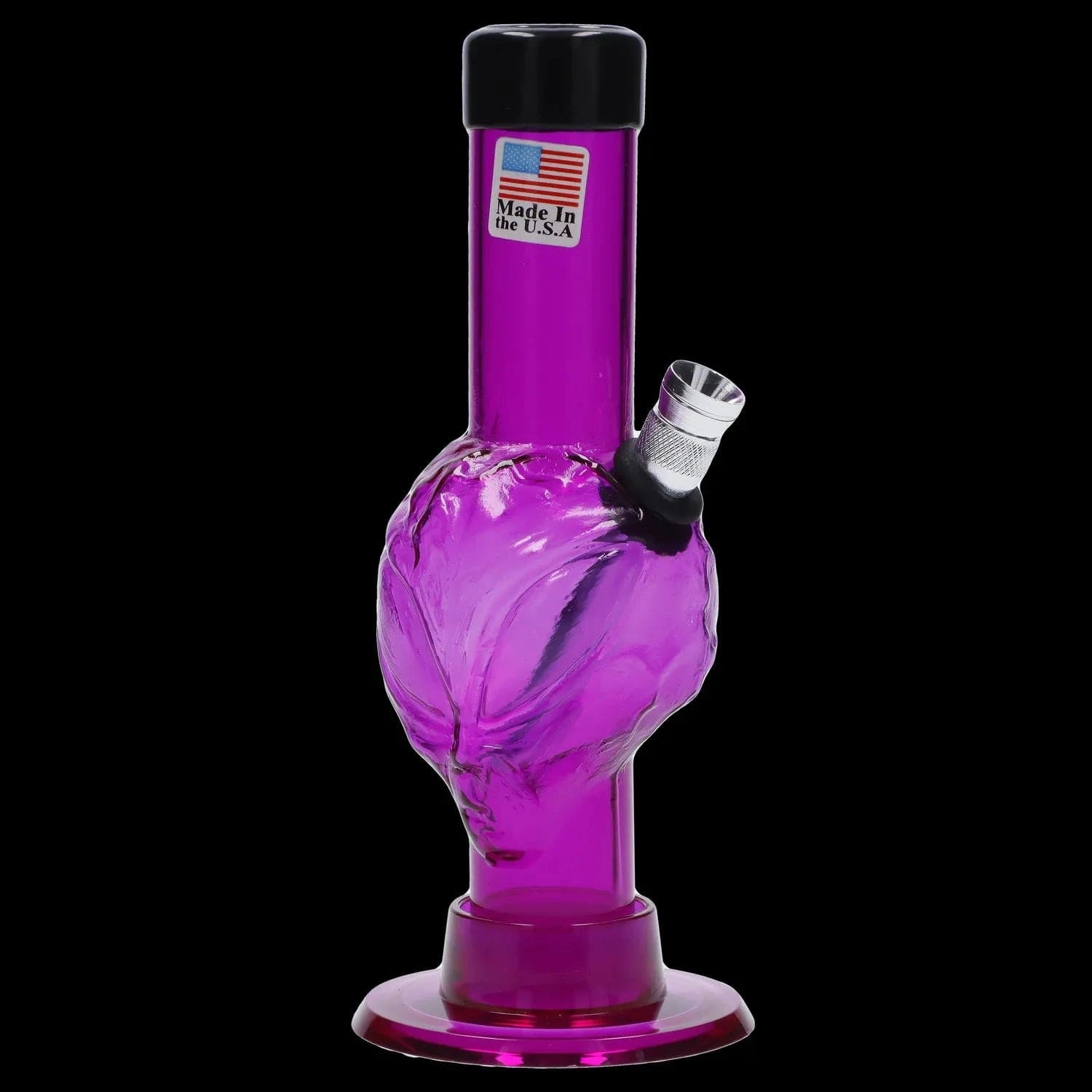 Close-up front view of the JM Plastics Mini Alien Base Acrylic Bong - 6 in. in translucent purple against a black background, showing its textured alien-head base and angled metal bowl.