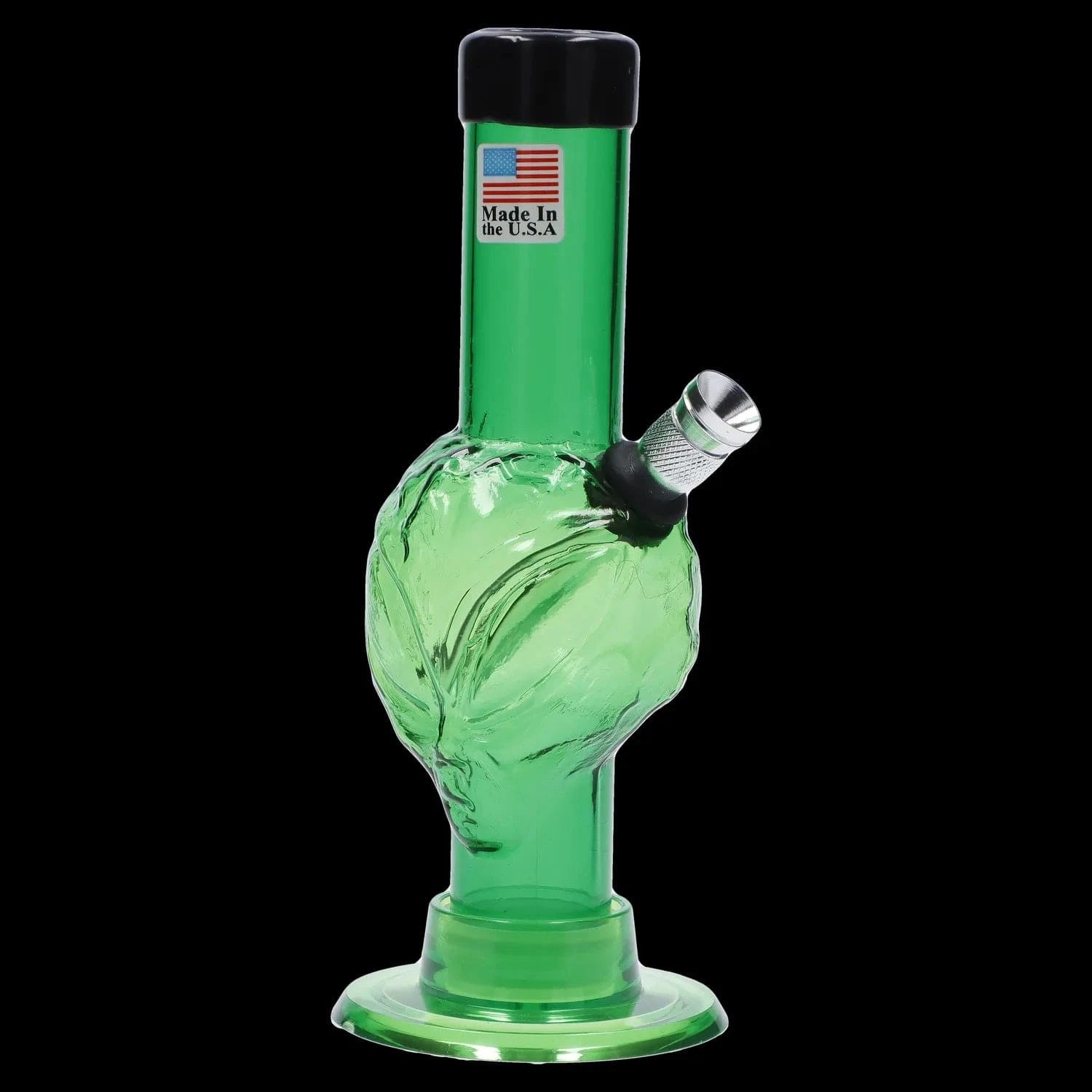 Close-up front view of the JM Plastics Mini Alien Base Acrylic Bong - 6 in. in translucent light green with a leaf-textured bulb and metal bowl angled from the side.