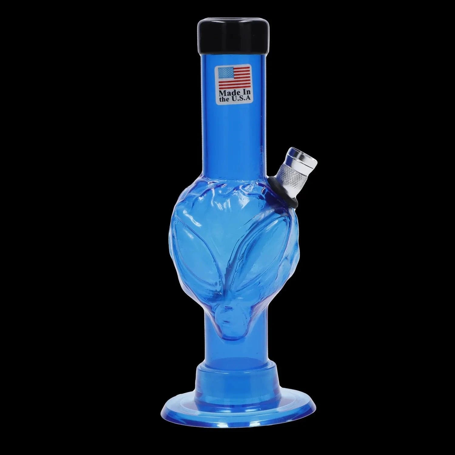Close-up front view of the blue JM Plastics Mini Alien Base Acrylic Bong - 6 in. against a black background, showing the alien-face bulb and angled metal bowl.