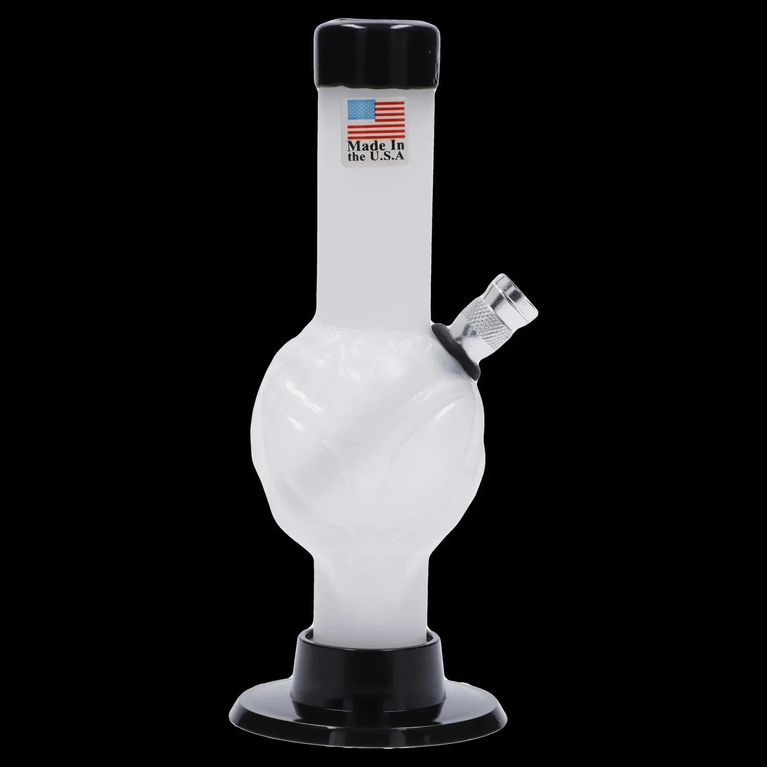 Centered front view of the JM Plastics Mini Alien Base Acrylic Bong - 6 in. showing a frosted white alien-shaped chamber and black base against a black background