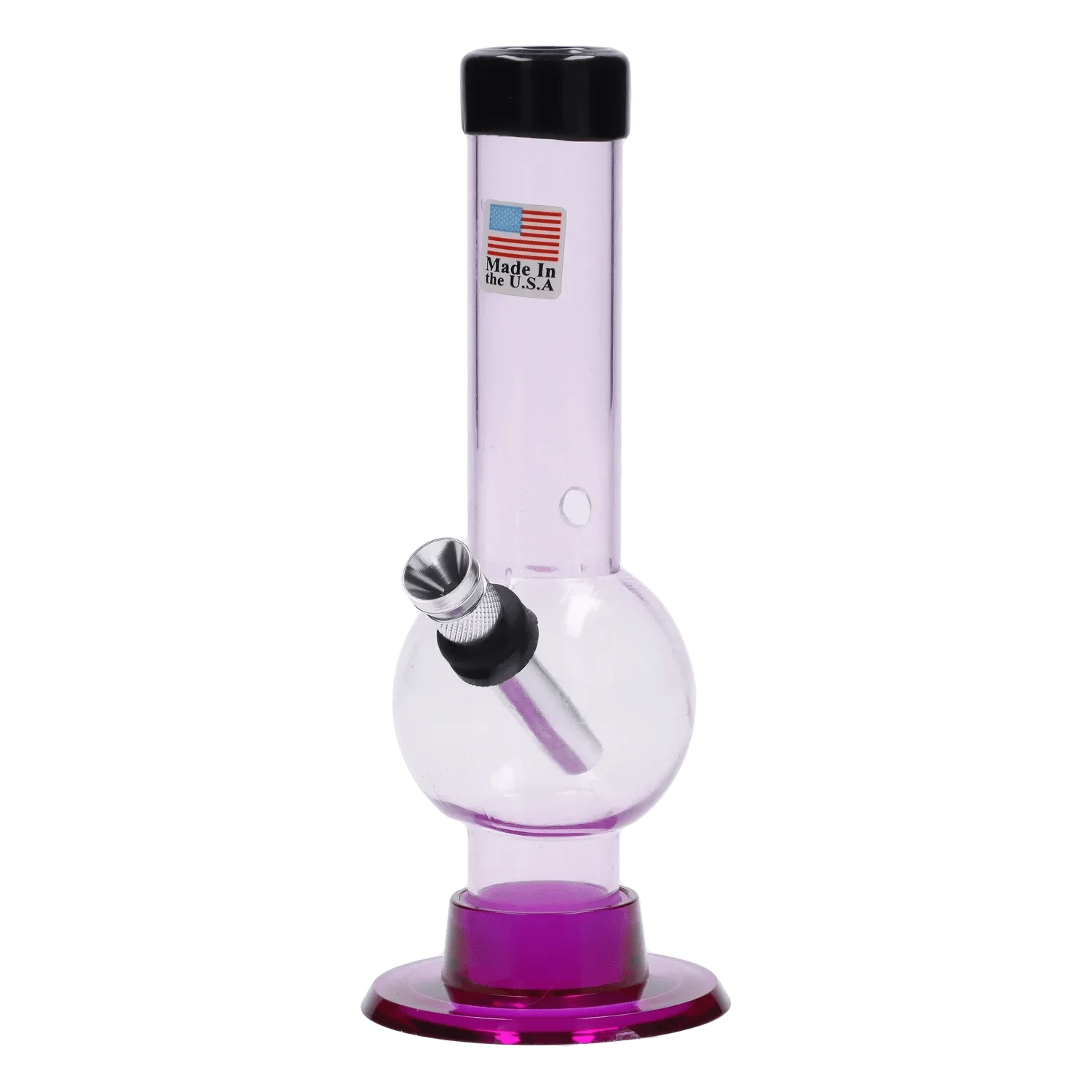 Center-front view of the JM Plastics Mini Bubble Base with Carb Hole Acrylic Bong - 6 in., shown in translucent purple with black mouthpiece and metal bowl.