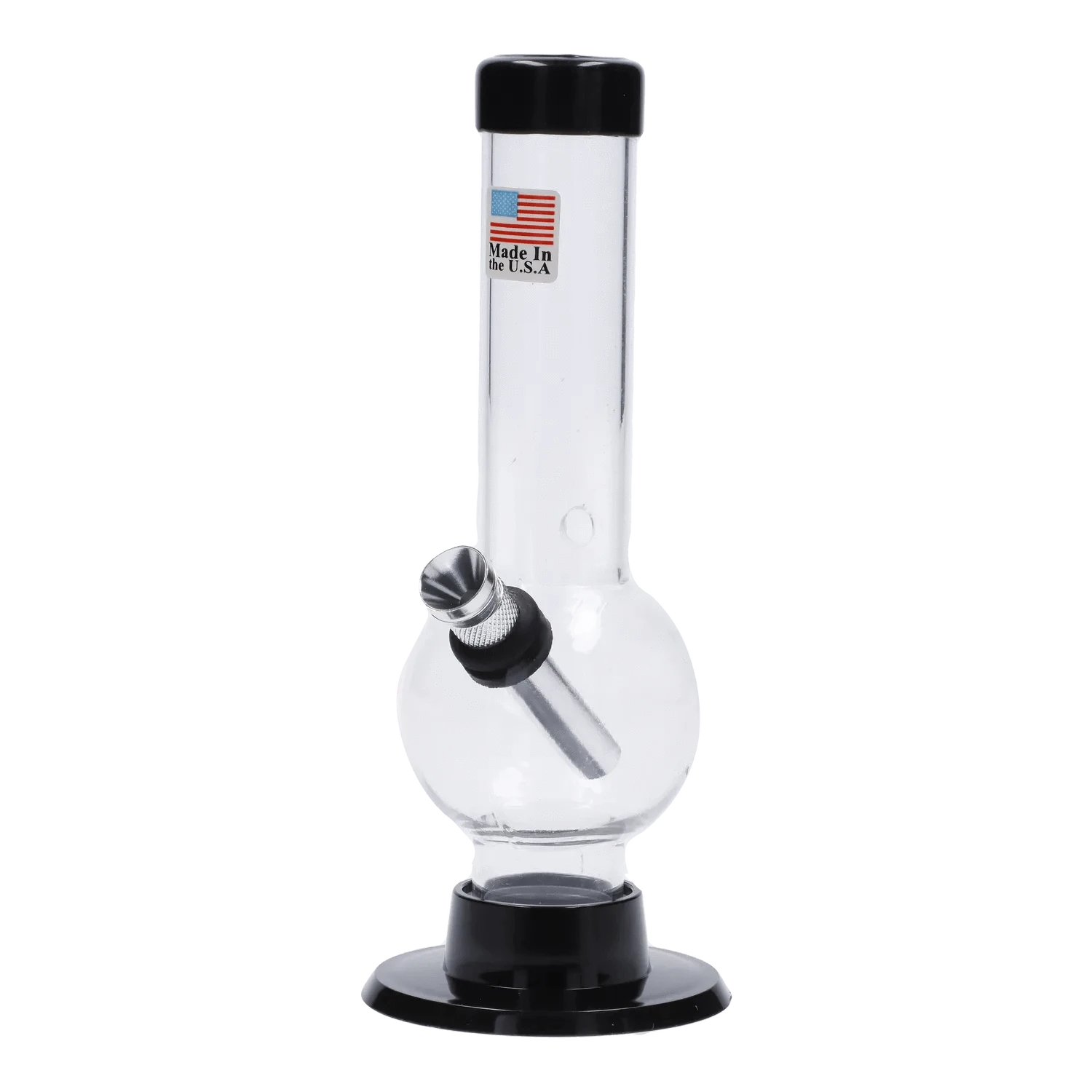 Centered front view of the JM Plastics Mini Bubble Base with Carb Hole Acrylic Bong - 6 in., clear tube and black accents.