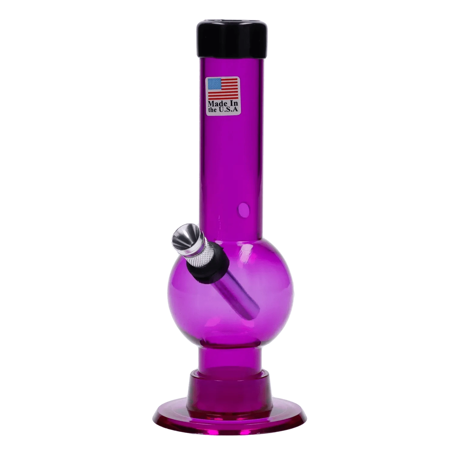 Front view of the JM Plastics Mini Bubble Base with Carb Hole Acrylic Bong - 6 in. in purple tint, shown against a white background with its angled metal bowl and rounded bubble chamber visible.