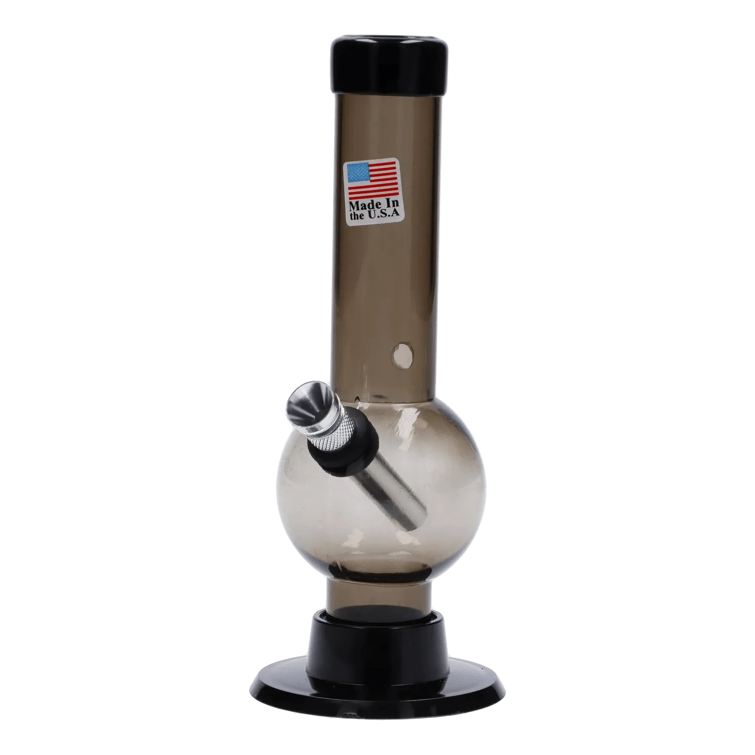Front view of the JM Plastics Mini Bubble Base with Carb Hole Acrylic Bong - 6 in., shown in smoky blue-tinted acrylic with a round bubble base, angled metal downstem and black mouthpiece.