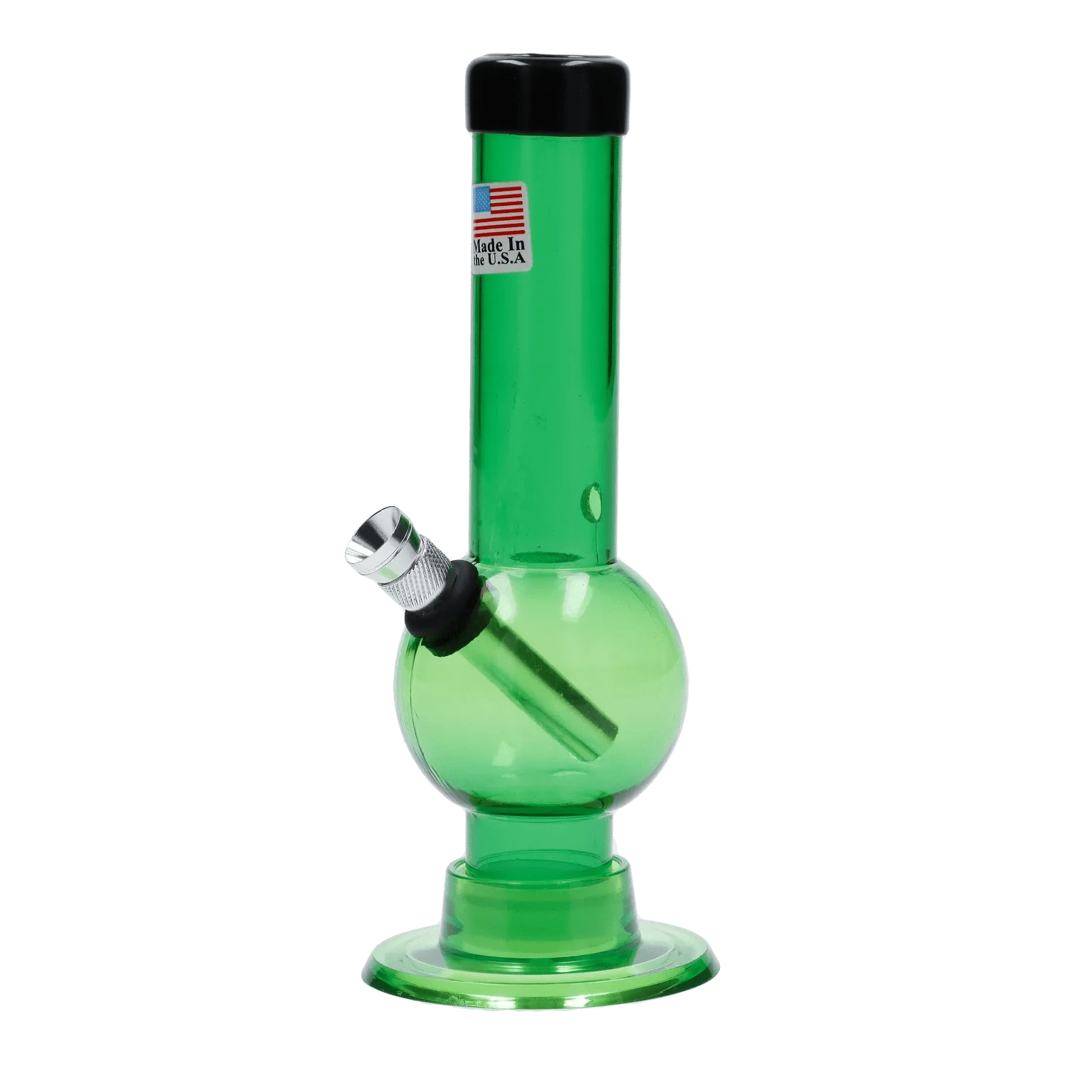 Front view of a light-green 6-inch JM Plastics Mini Bubble Base with Carb Hole Acrylic Bong showing its round bubble chamber, angled metal bowl, and black mouthpiece cap.