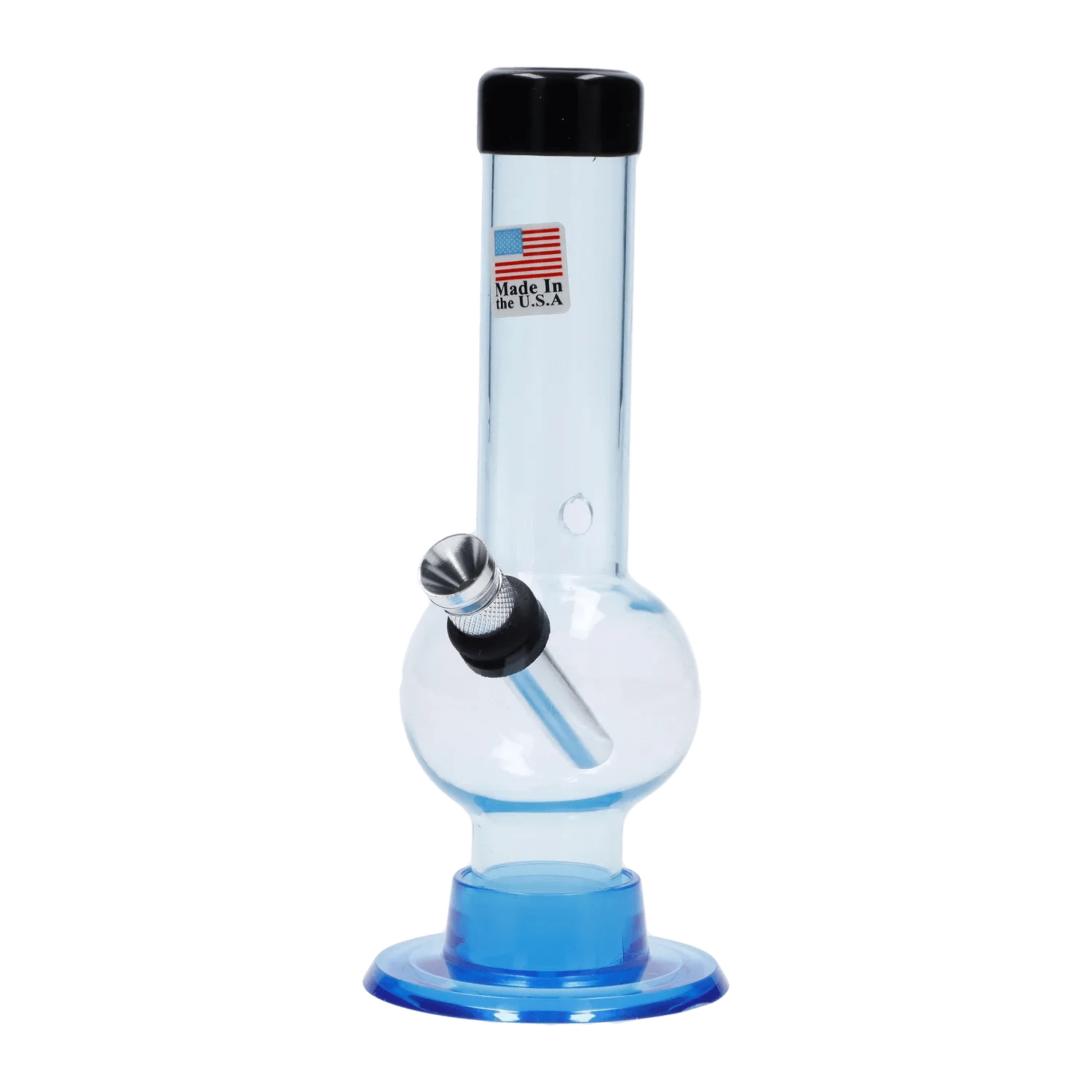Centered front view of the JM Plastics Mini Bubble Base with Carb Hole Acrylic Bong - 6 in., showing its smoke-tinted straight tube, round bubble chamber, angled metal downstem and blue base.