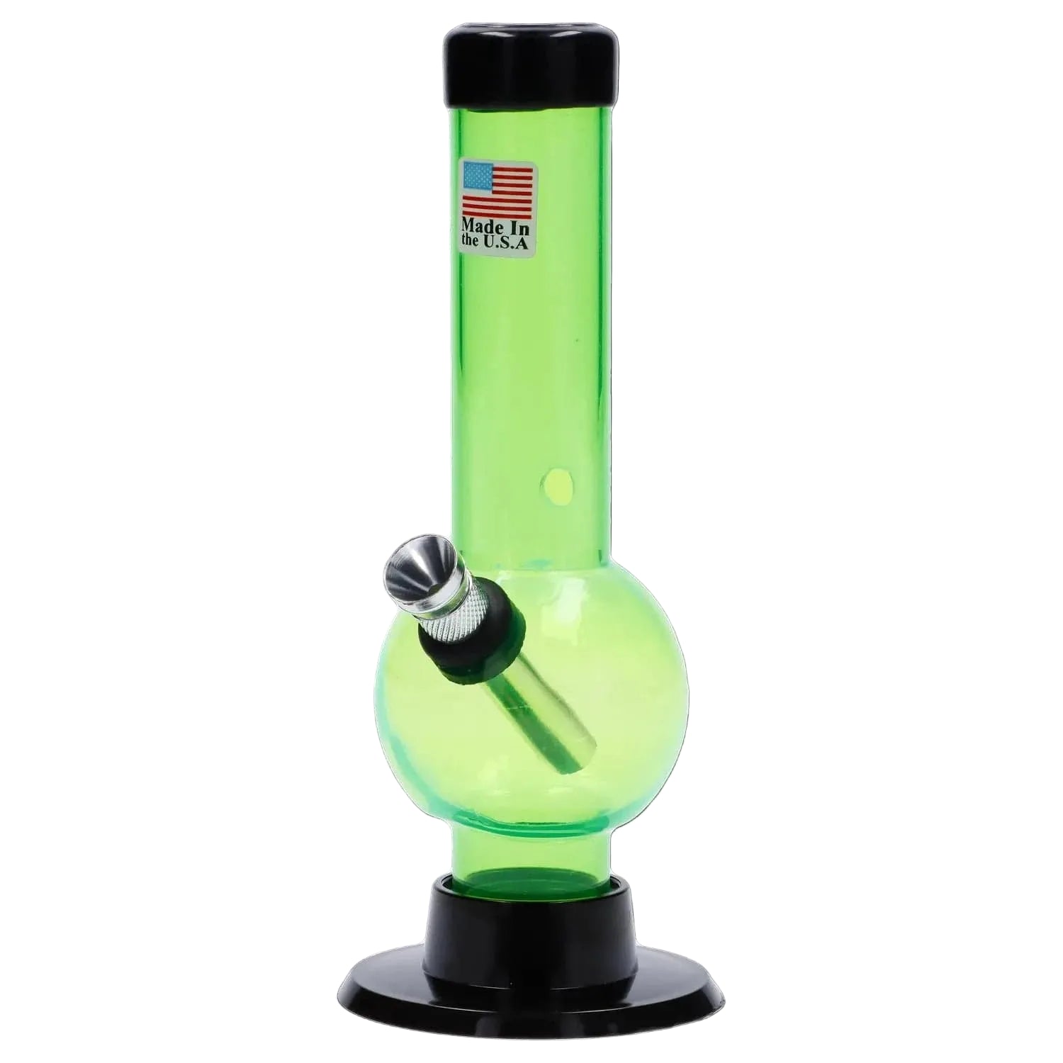 Front-facing view of the JM Plastics Mini Bubble Base with Carb Hole Acrylic Bong - 6 in. in translucent green with a black mouthpiece, metal downstem and an American flag sticker on the neck.