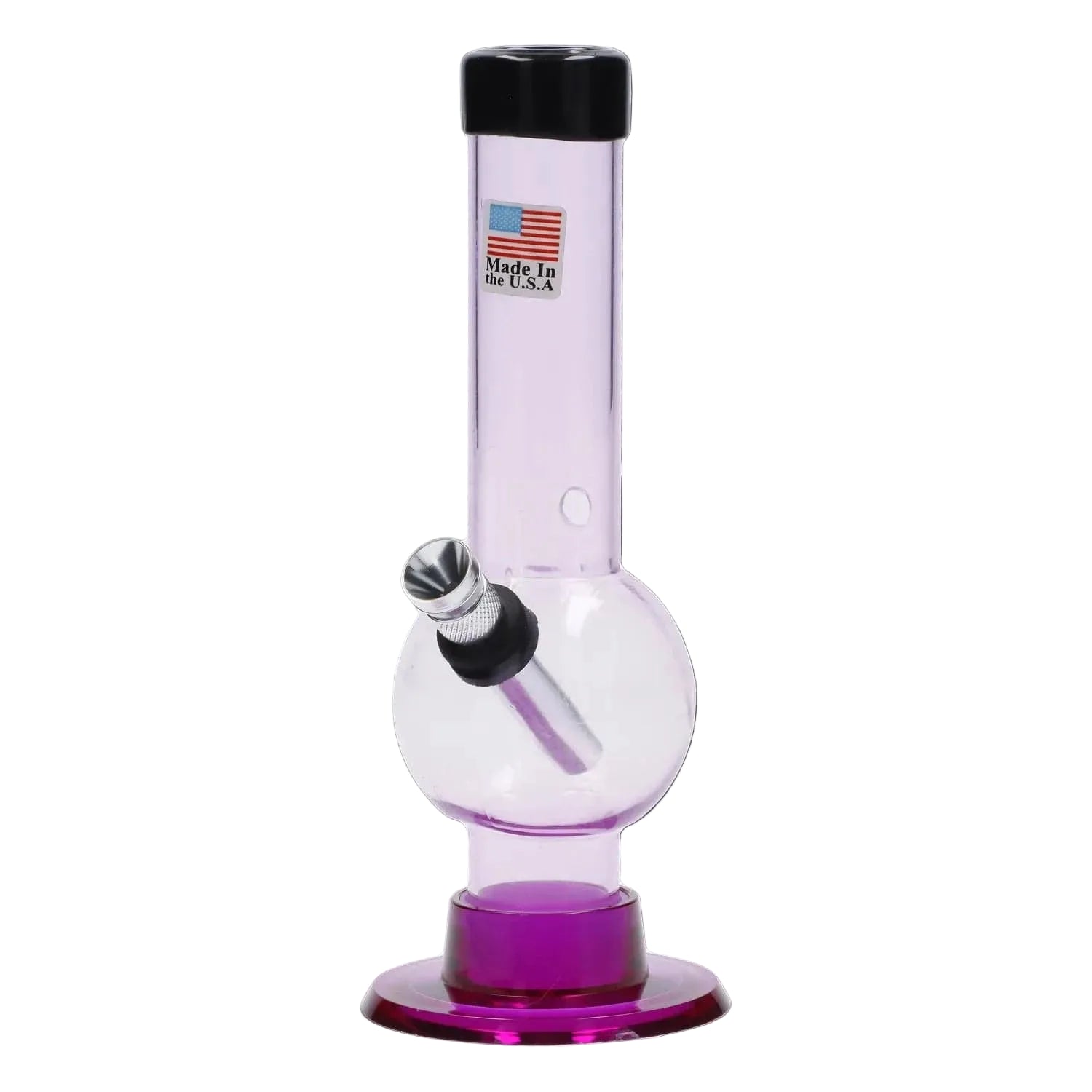 Front view of the JM Plastics Mini Bubble Base with Carb Hole Acrylic Bong - 6 in., showing a purple-tinted straight tube and spherical bubble chamber with a metal downstem and black mouthpiece against a white background