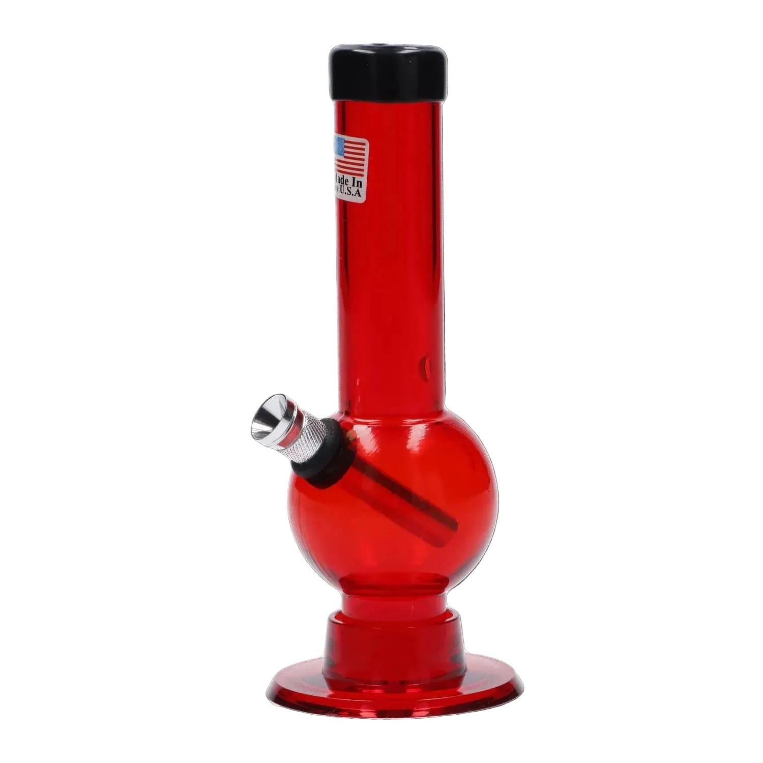 Straight-on view of a red JM Plastics Mini Bubble Base with Carb Hole Acrylic Bong - 6 in. showing its rounded bubble chamber, angled metal bowl, and black rim against a white background