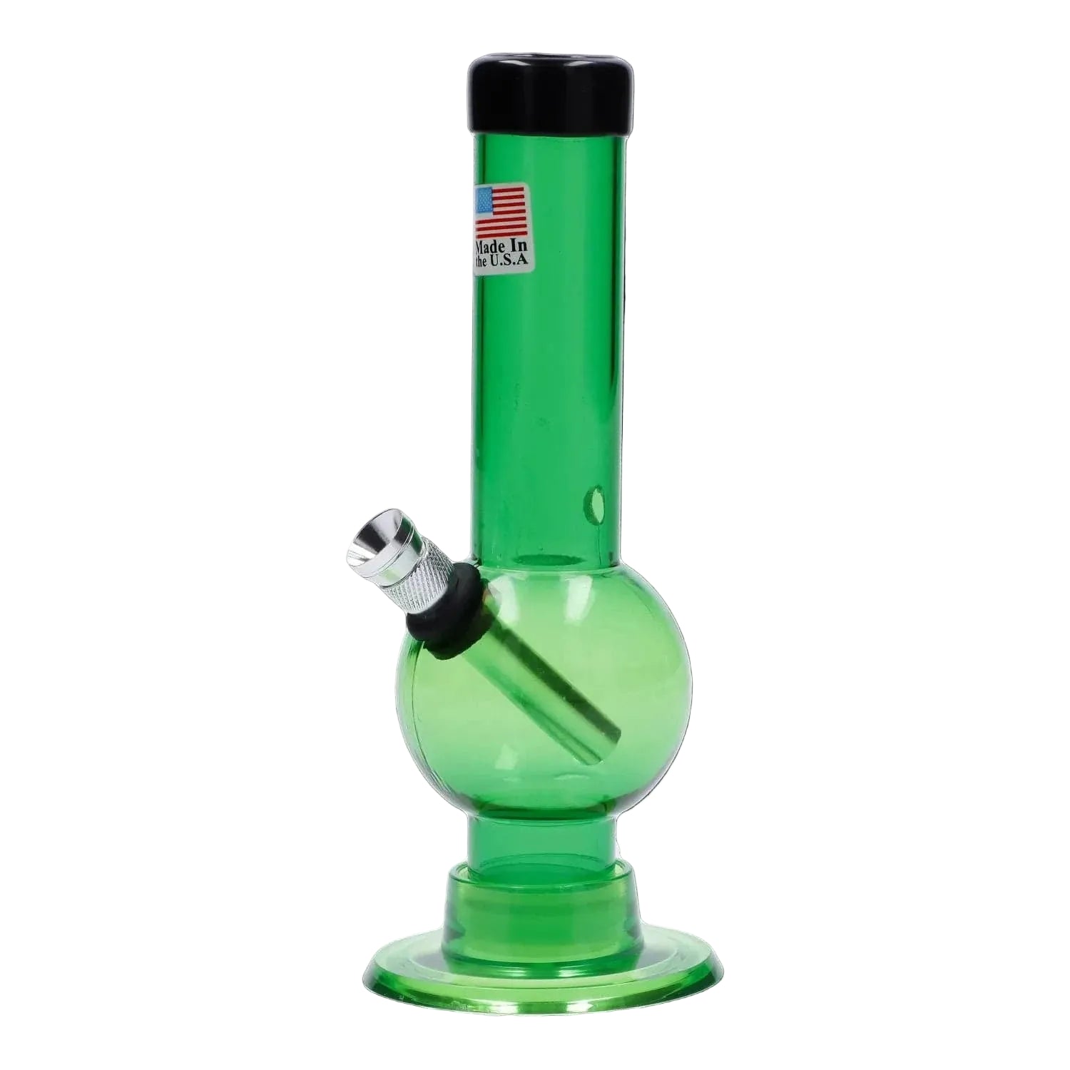 Straight-on view of a green 6-inch JM Plastics Mini Bubble Base with Carb Hole Acrylic Bong showing its round bubble chamber, angled metal downstem and white background.
