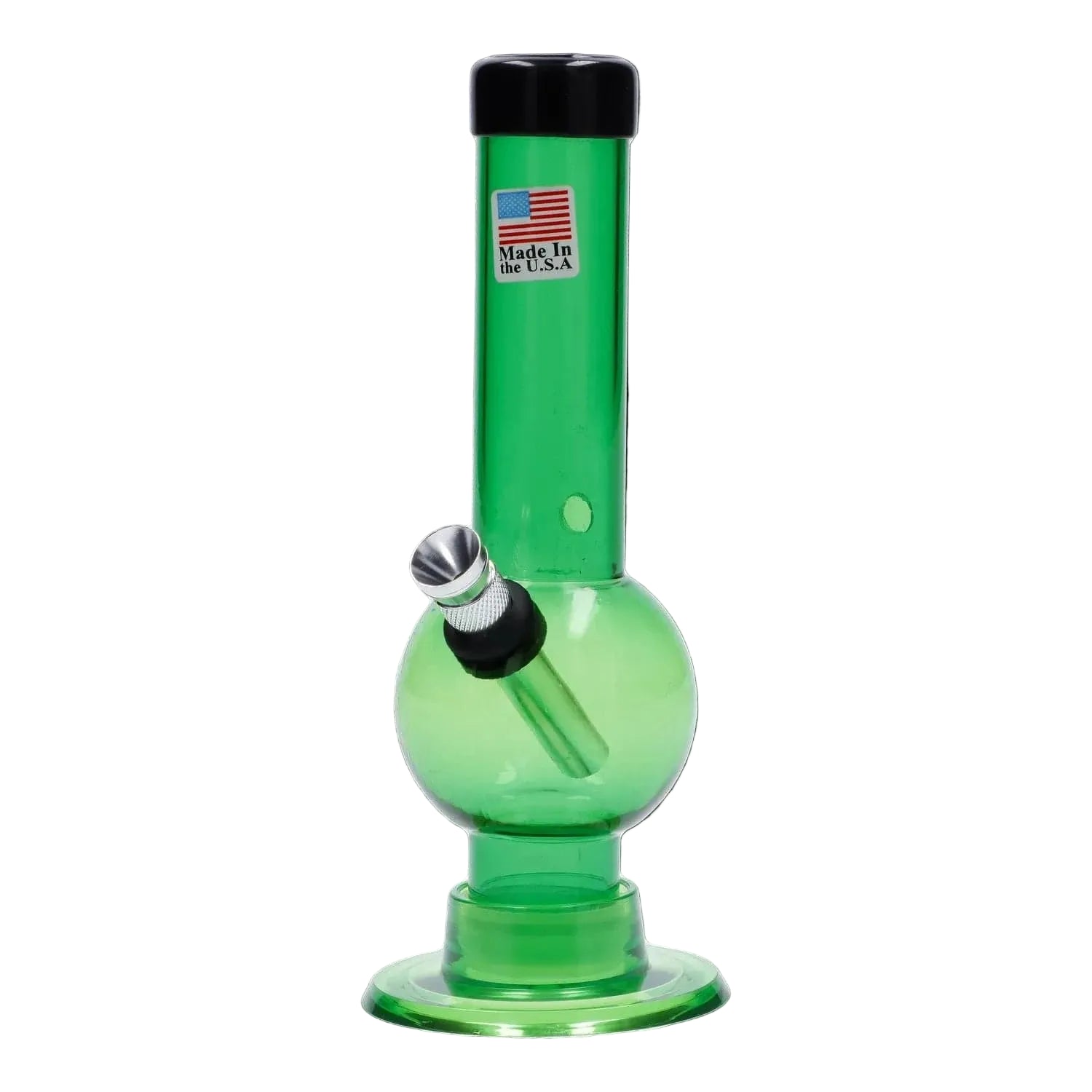 Centered front view of the JM Plastics Mini Bubble Base with Carb Hole Acrylic Bong - 6 in., shown in translucent green with a black rim and metal downstem bowl against a white background