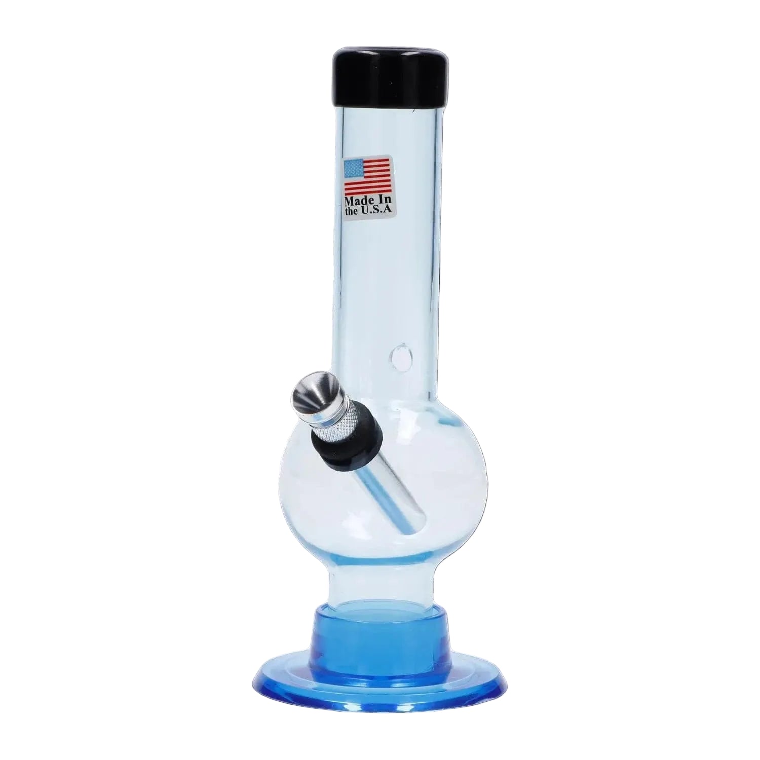 Centered front view of the JM Plastics Mini Bubble Base with Carb Hole Acrylic Bong - 6 in., showing its translucent light-blue bubble base, angled metal bowl and black mouthpiece on a white background