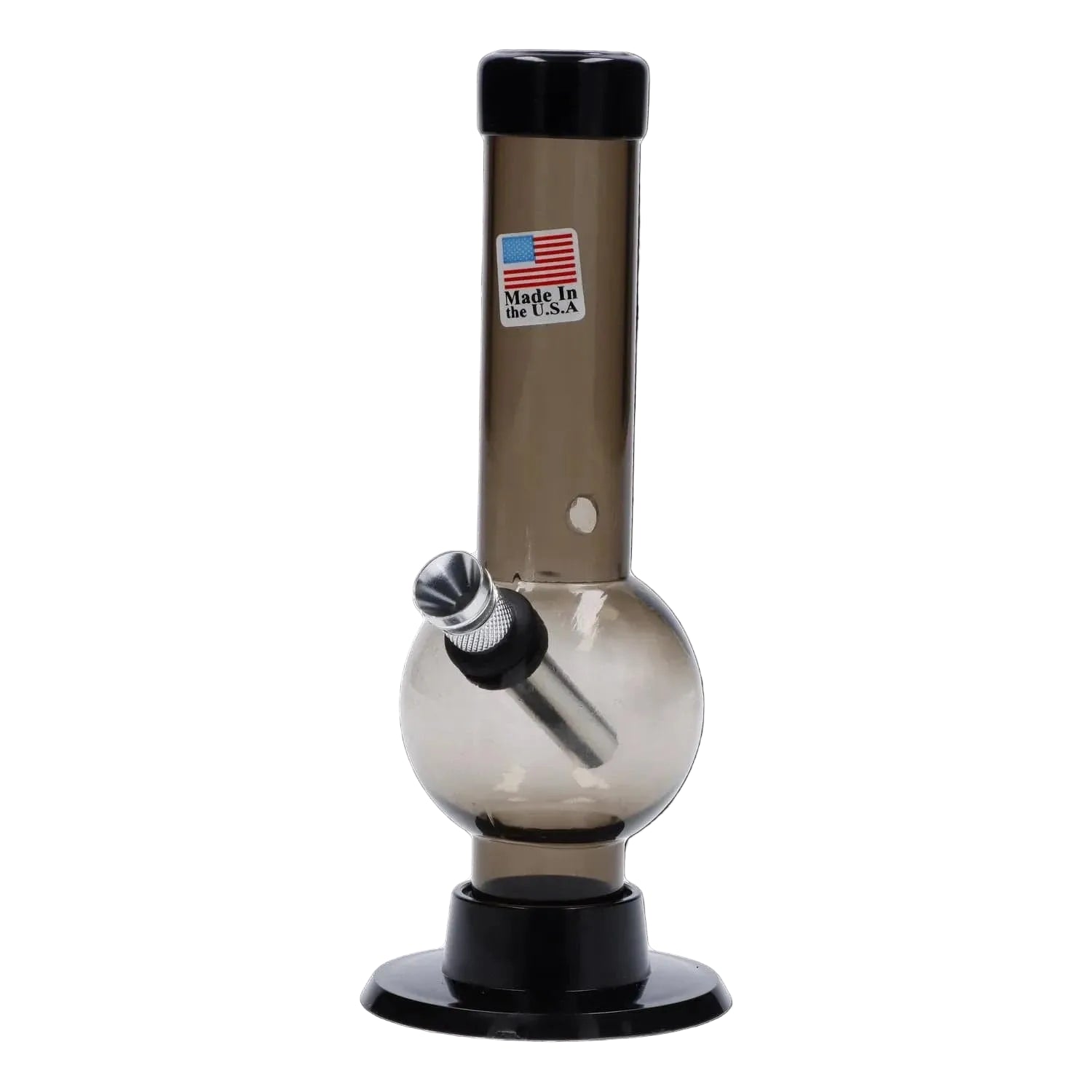 Front-facing view of the JM Plastics Mini Bubble Base with Carb Hole Acrylic Bong - 6 in., shown in smoky clear plastic with a rounded bubble chamber, angled metal downstem, and black base against a white background