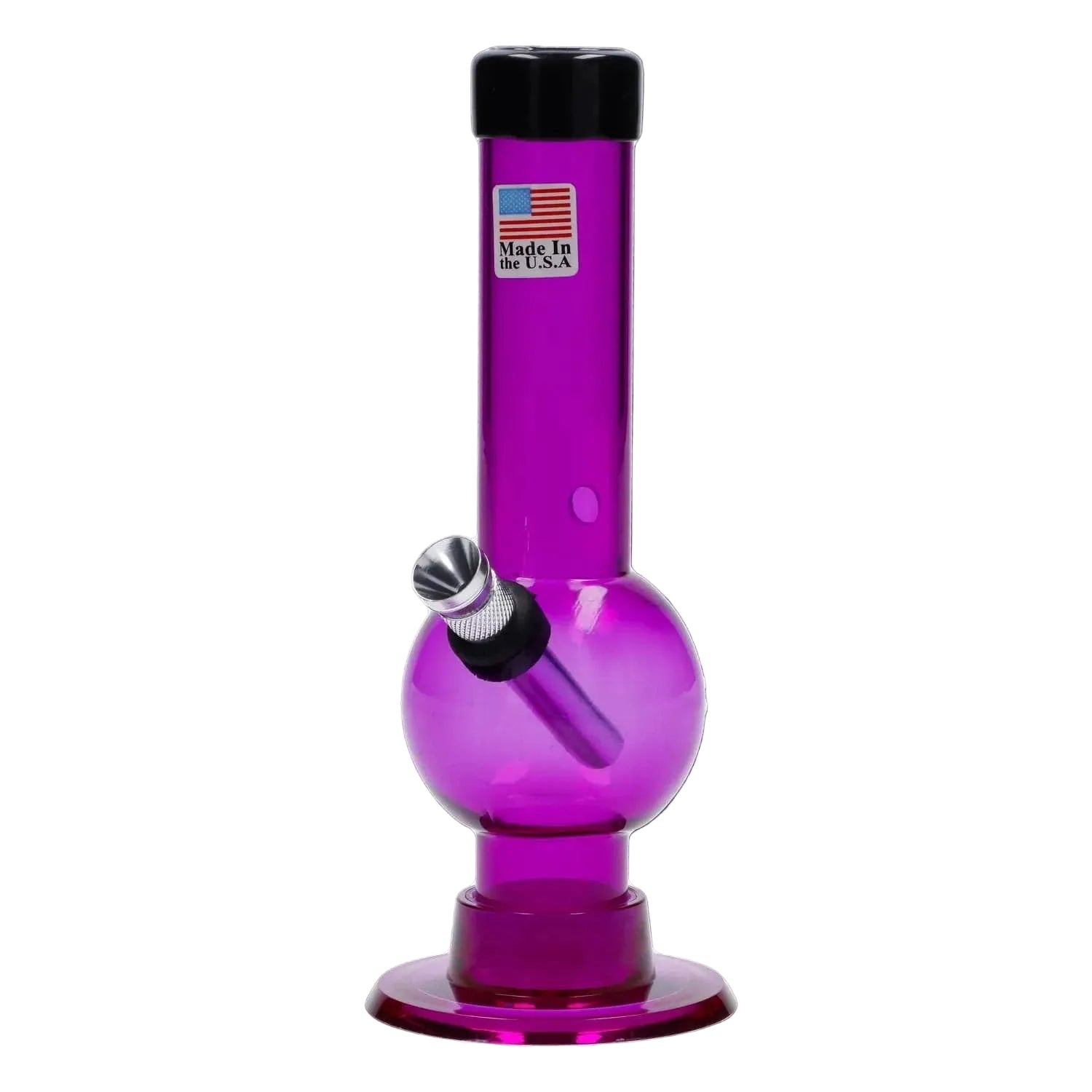 Straight-on view of a purple JM Plastics Mini Bubble Base with Carb Hole Acrylic Bong - 6 in., shown against a white background highlighting its round bubble chamber and angled metal bowl.