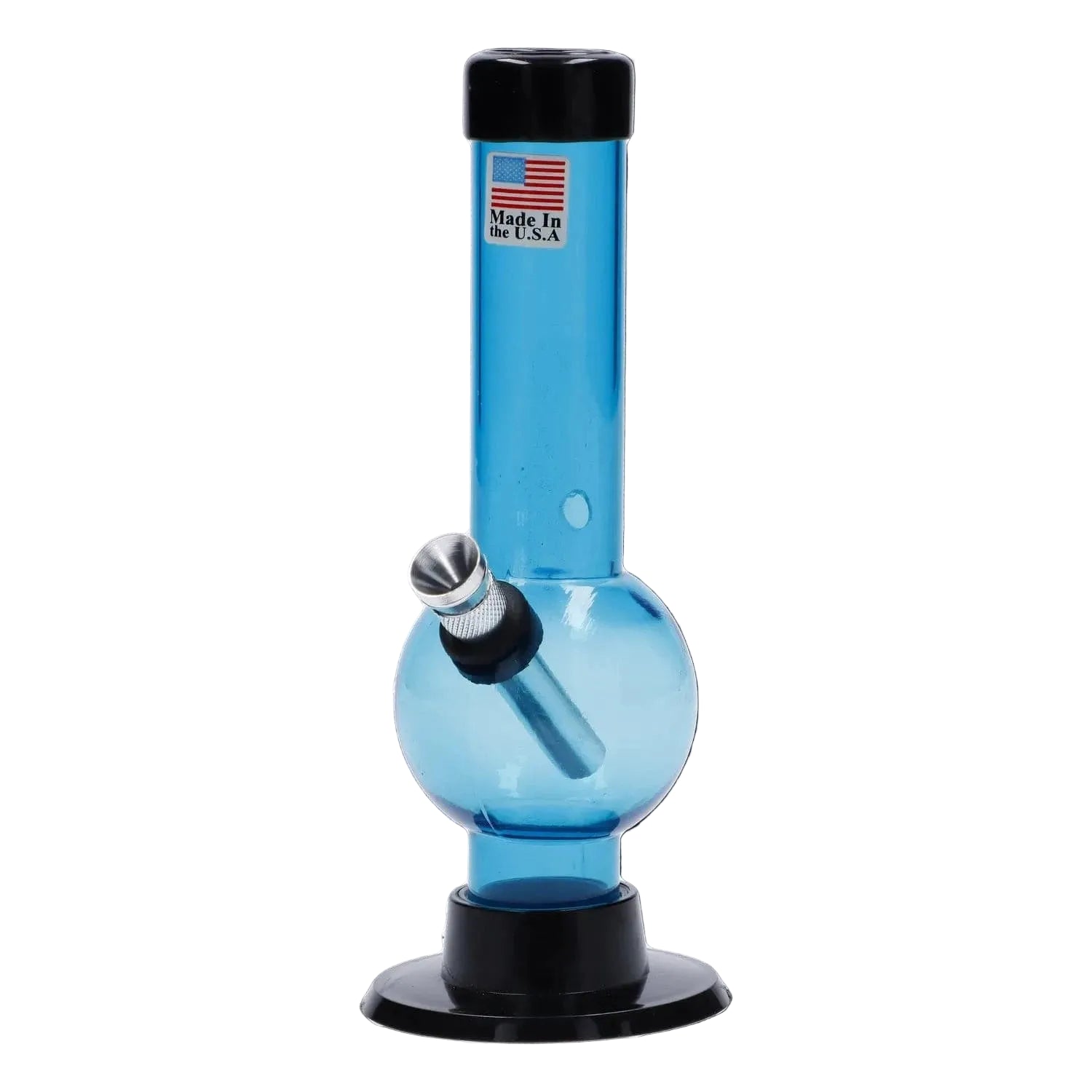 Centered front view of the JM Plastics Mini Bubble Base with Carb Hole Acrylic Bong - 6 in. in translucent blue with a black mouthpiece and base on a white background
