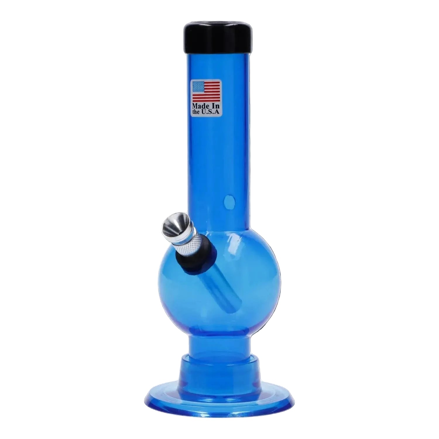 Centered front view of a blue JM Plastics Mini Bubble Base with Carb Hole Acrylic Bong - 6 in., shot against a white background showing the round bubble chamber, angled metal bowl, and black mouthpiece cap.