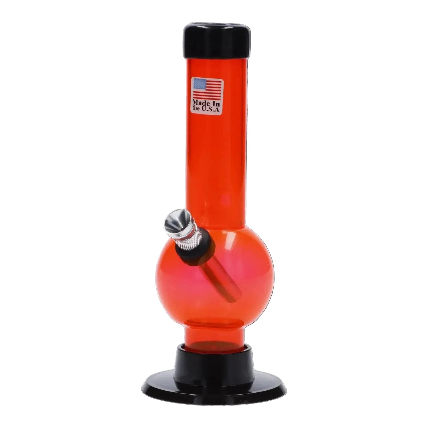 Vertical close-up of the light-blue tinted JM Plastics Mini Bubble Base with Carb Hole Acrylic Bong - 6 in., showing its round bubble chamber, angled metal bowl, and black base against a white background