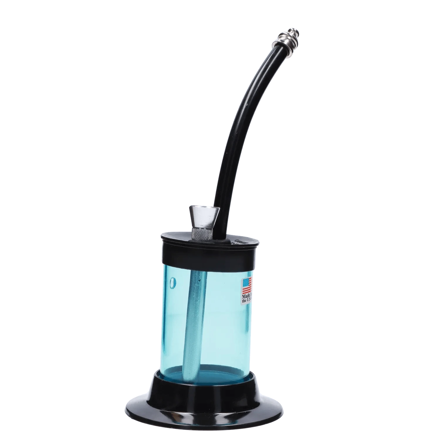 Angled close-up of the JM Plastics Mini Hoser with Carb Hole Acrylic Bong showing its curved black mouthpiece and blue translucent chamber.