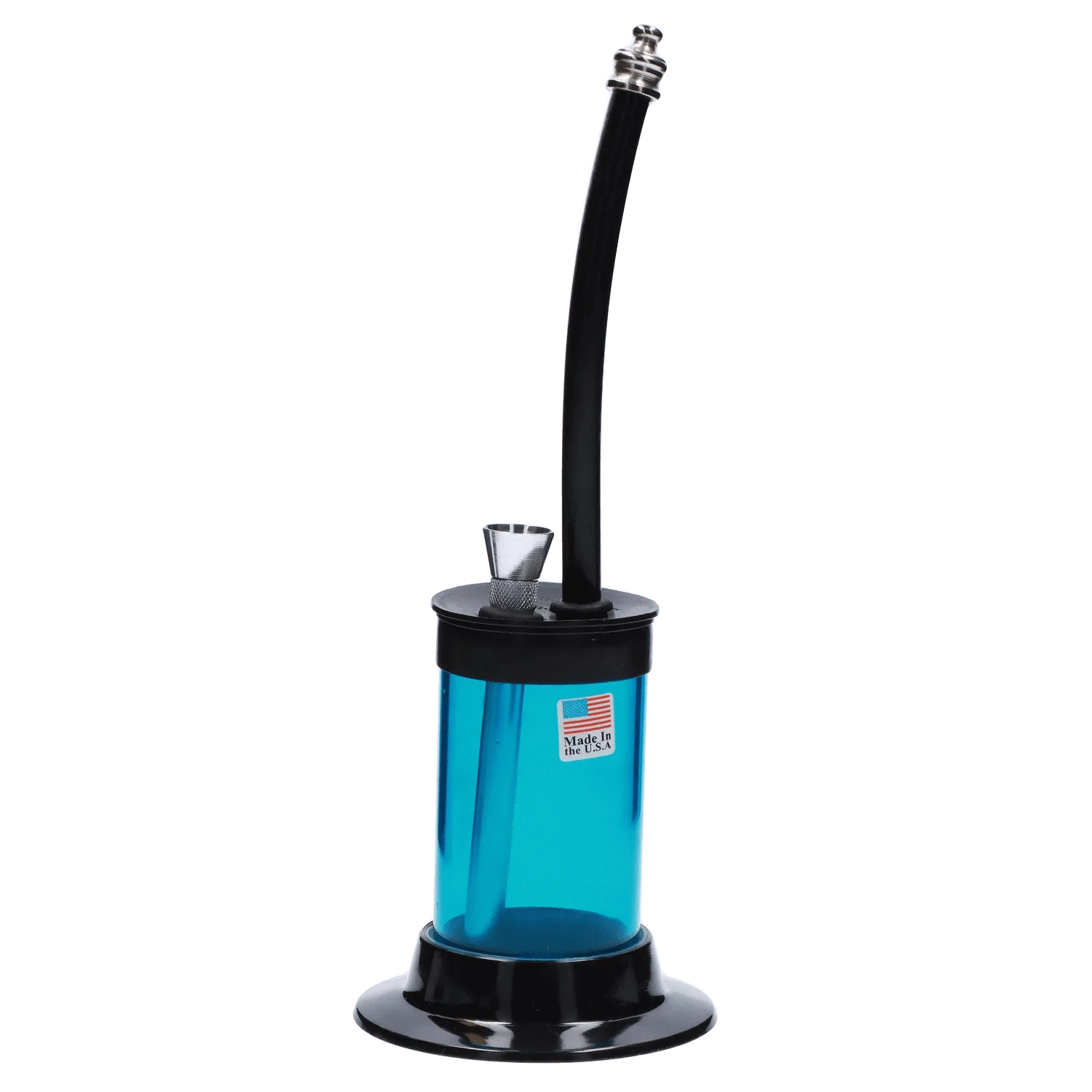 Front view of the JM Plastics Mini Hoser with Carb Hole Acrylic Bong showing its curved black mouthpiece, metal bowl, and translucent blue chamber on a black base.