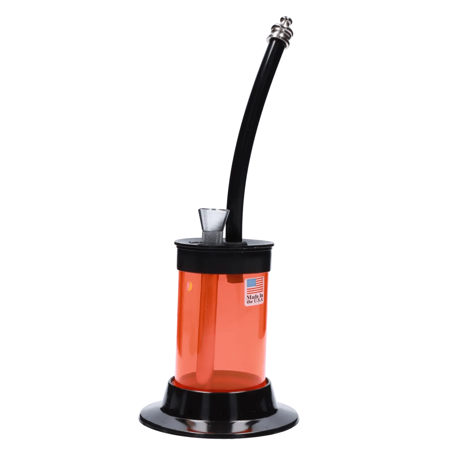 Angled close-up of the JM Plastics Mini Hoser with Carb Hole Acrylic Bong showing its tall curved black mouthpiece, clear bowl and orange translucent chamber on a black base