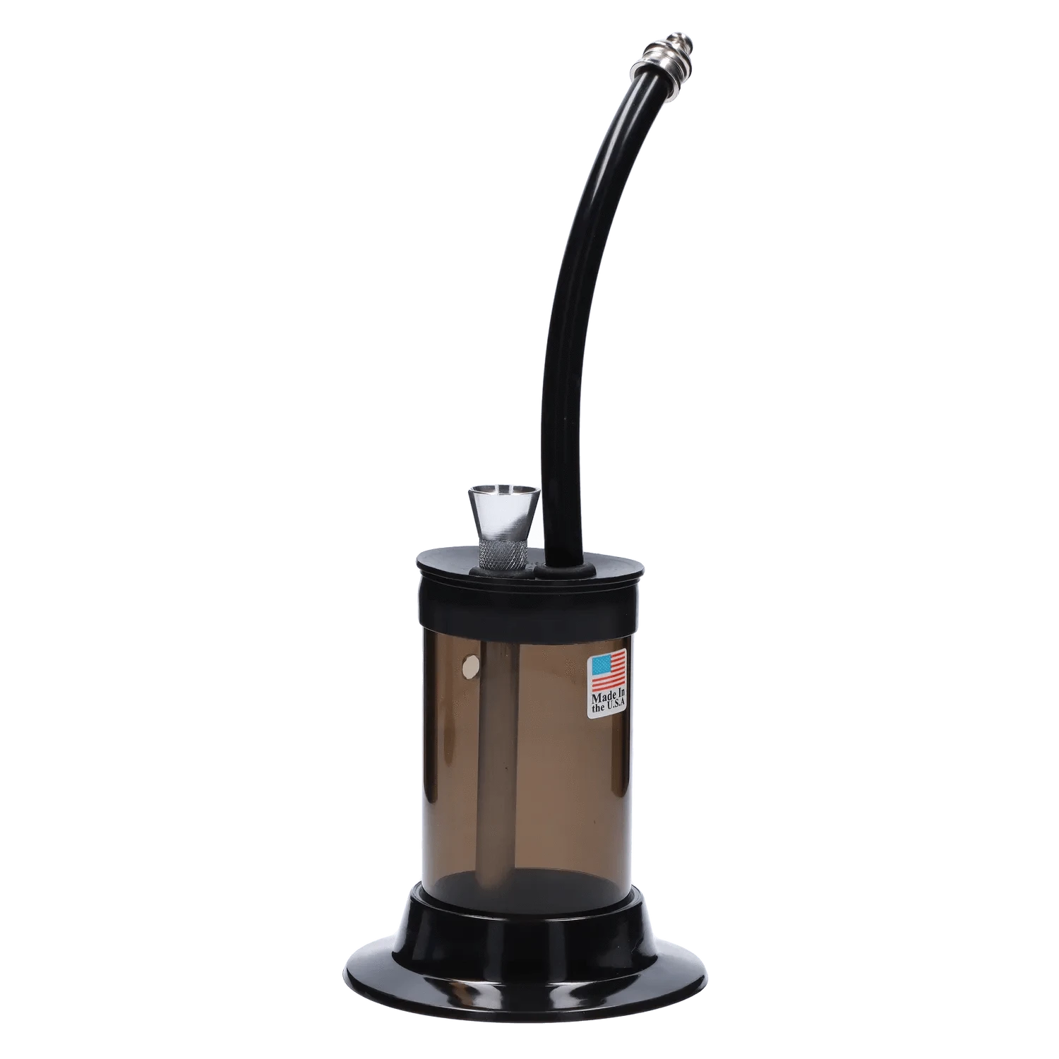 Side view of the JM Plastics Mini Hoser with Carb Hole Acrylic Bong showing its curved black mouthpiece, smoke-tinted cylindrical chamber, and small metal bowl.