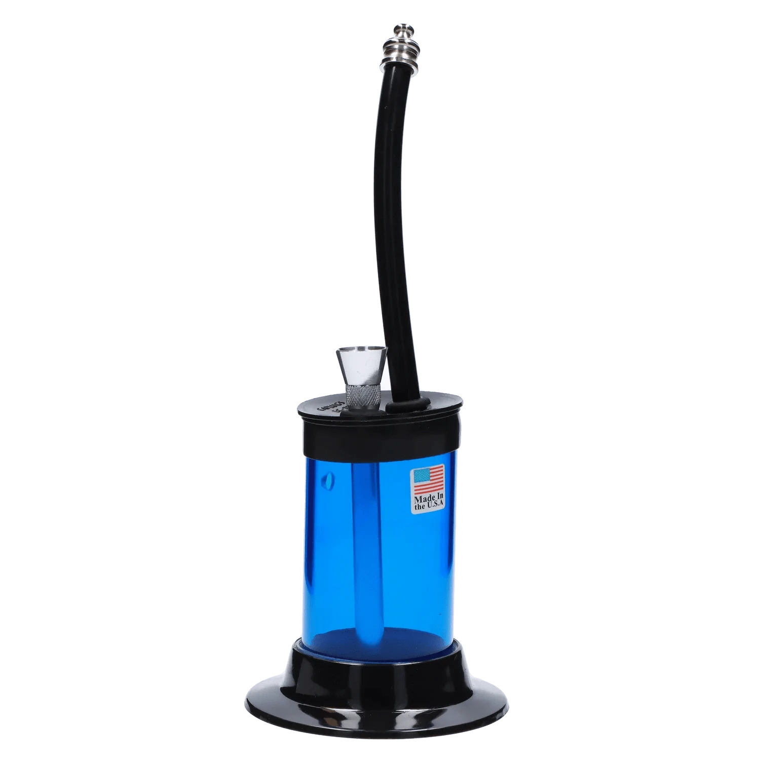 Front view of the JM Plastics Mini Hoser with Carb Hole Acrylic Bong showing a tall clear blue chamber, black curved mouthpiece, and silver bowl on a black base.