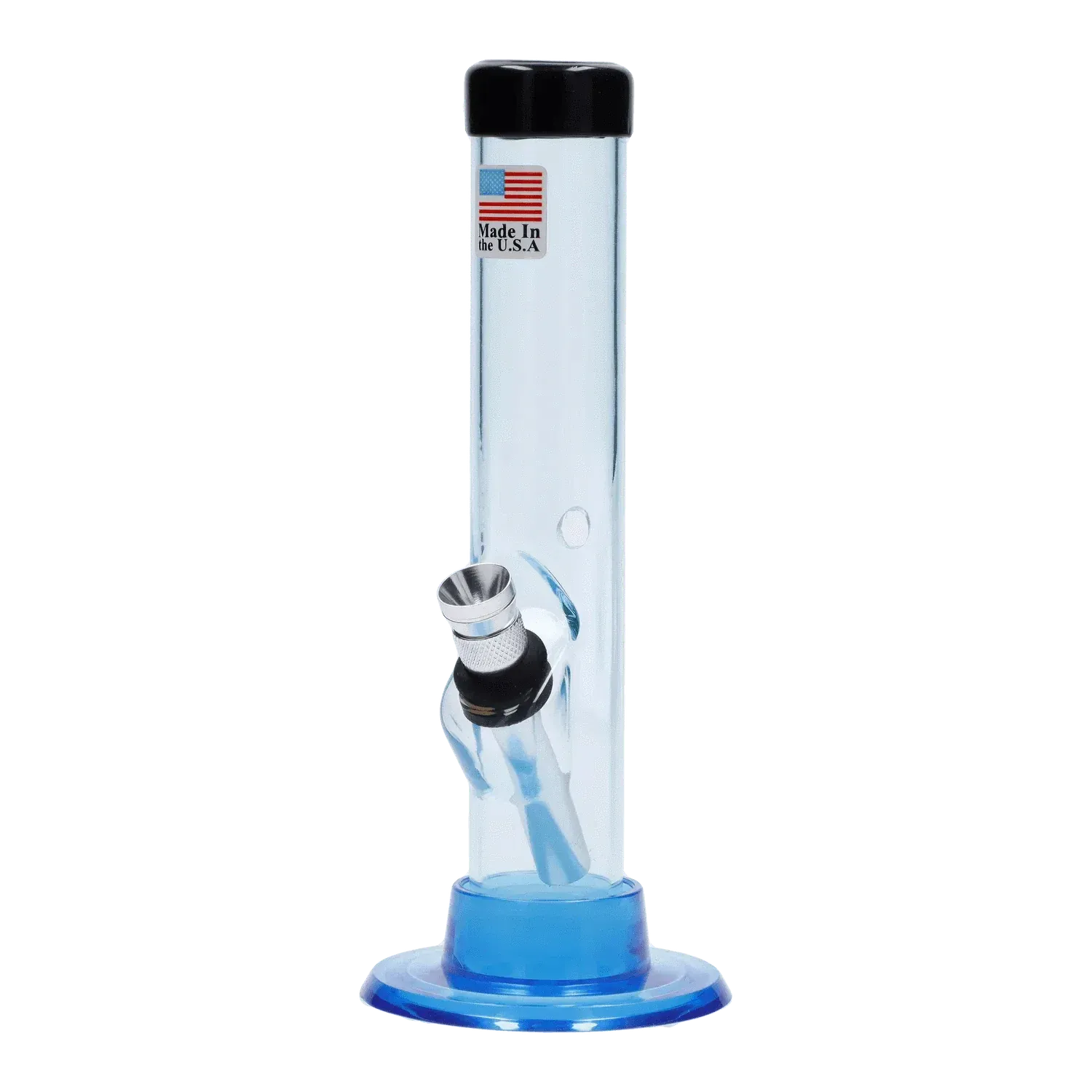 Straight-on view of the JM Plastics Mini Matching Straight Tube with Carb Hole Acrylic Bong - 6 in., showing its clear cylindrical tube, angled metal bowl and blue plastic base.