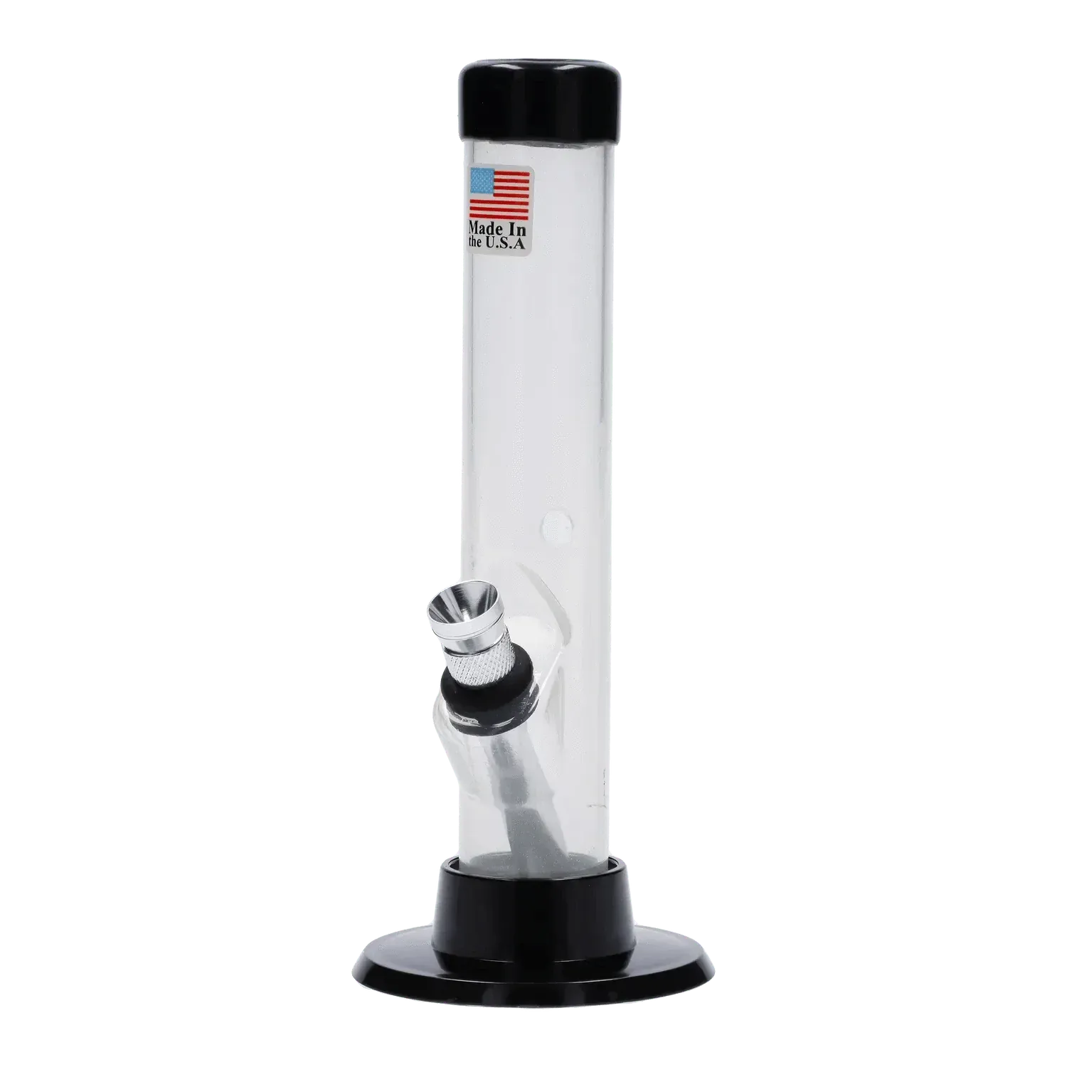 Straight-on view of the JM Plastics Mini Matching Straight Tube with Carb Hole Acrylic Bong - 6 in., showing its clear cylindrical tube with black base and mouthpiece and a metal bowl angled from the side.