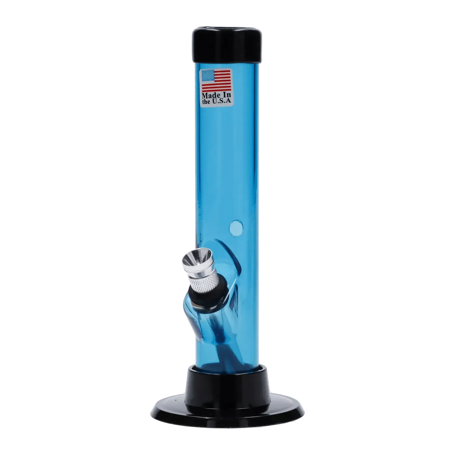 Centered front view of the blue 6-inch JM Plastics Mini Matching Straight Tube with Carb Hole Acrylic Bong showing its black base and angled metal bowl.