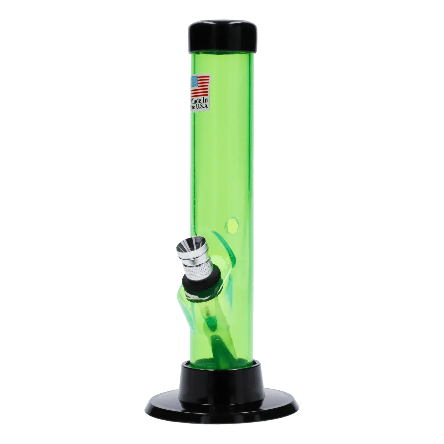 Straight-on view of the JM Plastics Mini Matching Straight Tube with Carb Hole Acrylic Bong - 6 in., shown in translucent green with a black base and angled metal bowl.