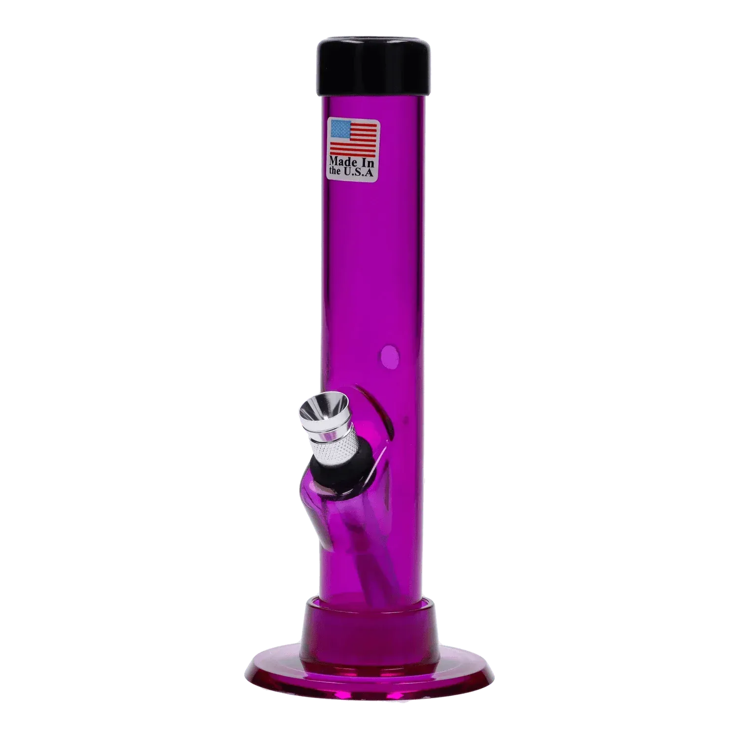 Centered front view of the JM Plastics Mini Matching Straight Tube with Carb Hole Acrylic Bong - 6 in., shown in glossy purple with a black cap and angled metal bowl.