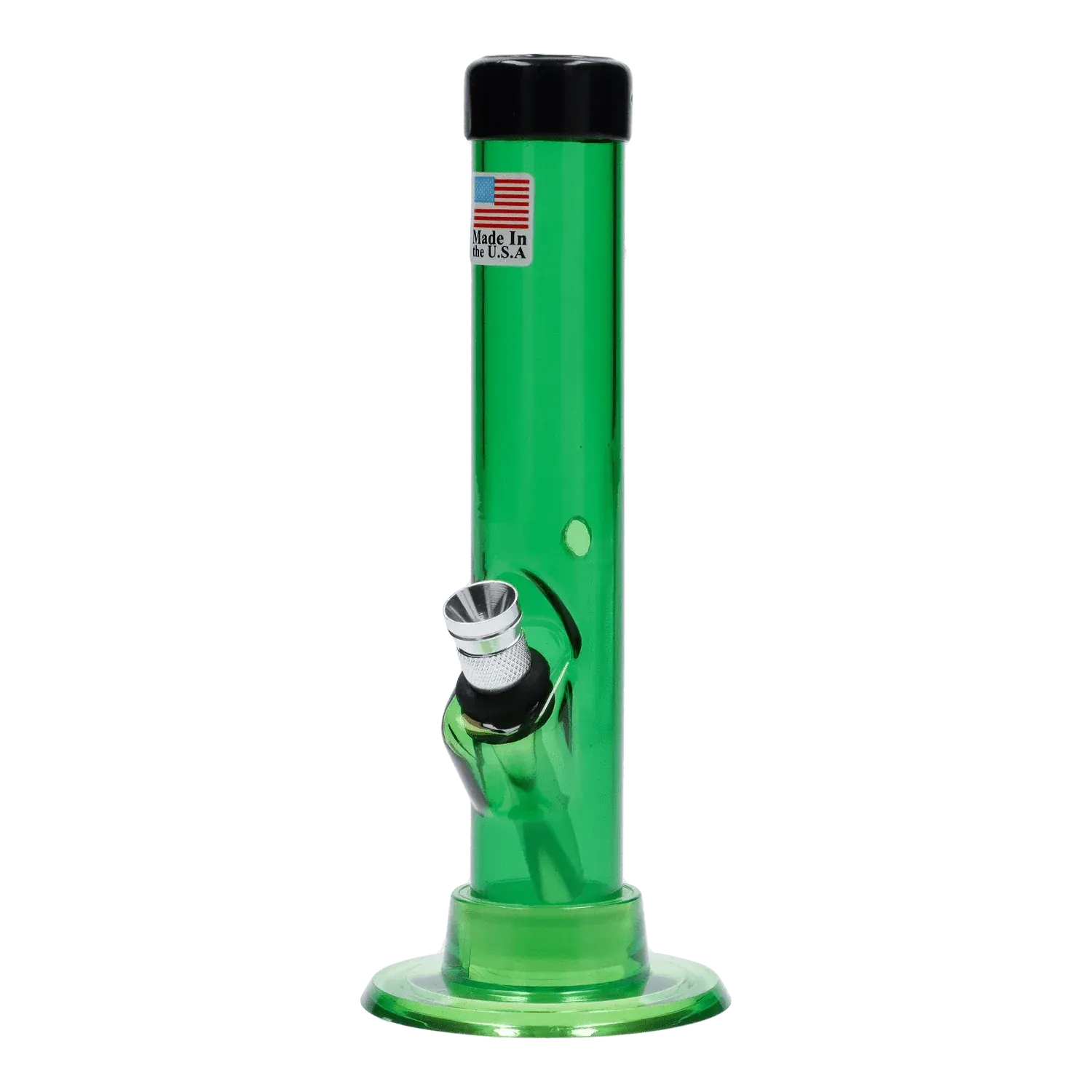 Straight-on view of the green JM Plastics Mini Matching Straight Tube with Carb Hole Acrylic Bong - 6 in., showing its black rim, angled metal bowl and base on a white background