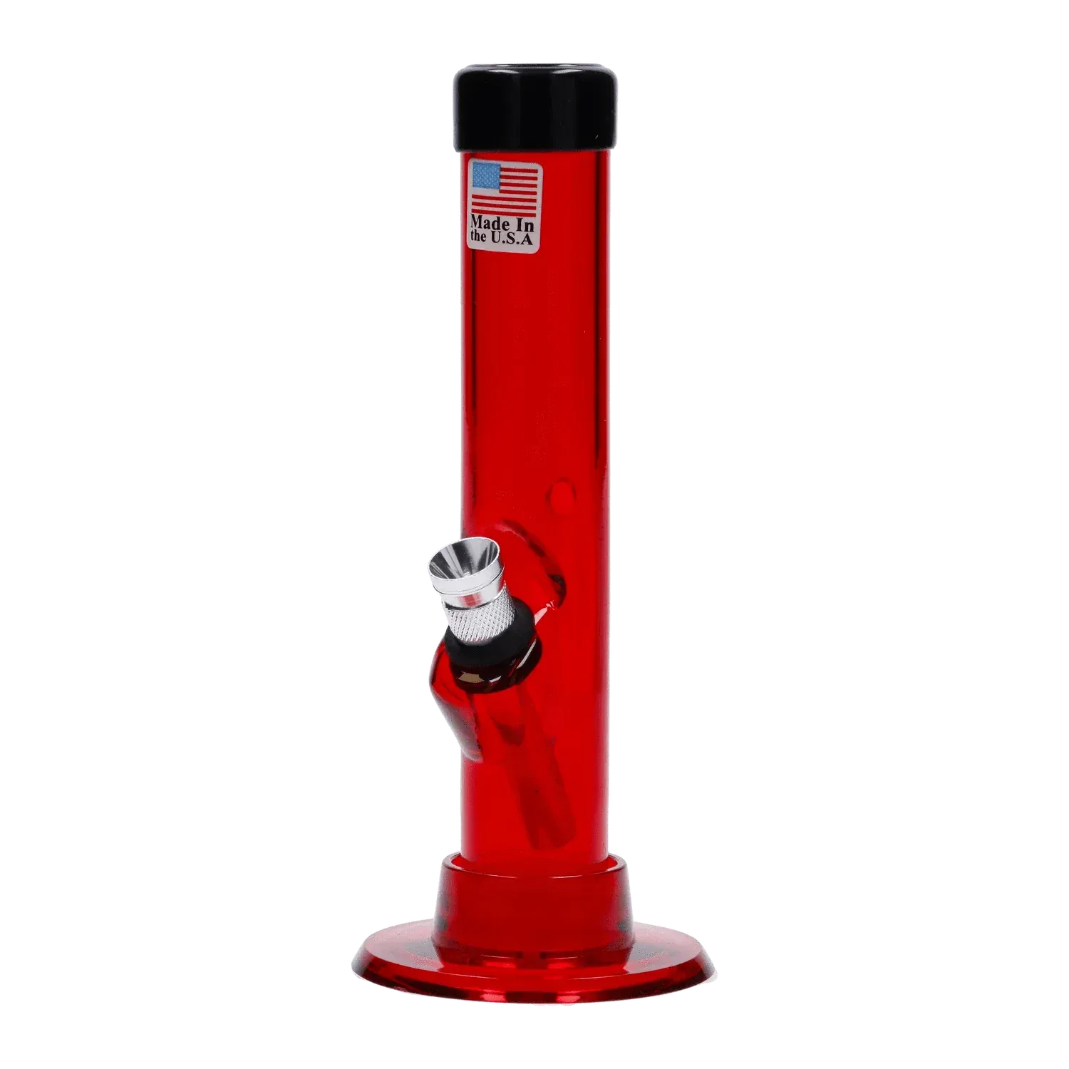 Straight-on view of the red JM Plastics Mini Matching Straight Tube with Carb Hole Acrylic Bong - 6 in., showing its black cap, angled metal bowl and "Made in the U.S.A" sticker.