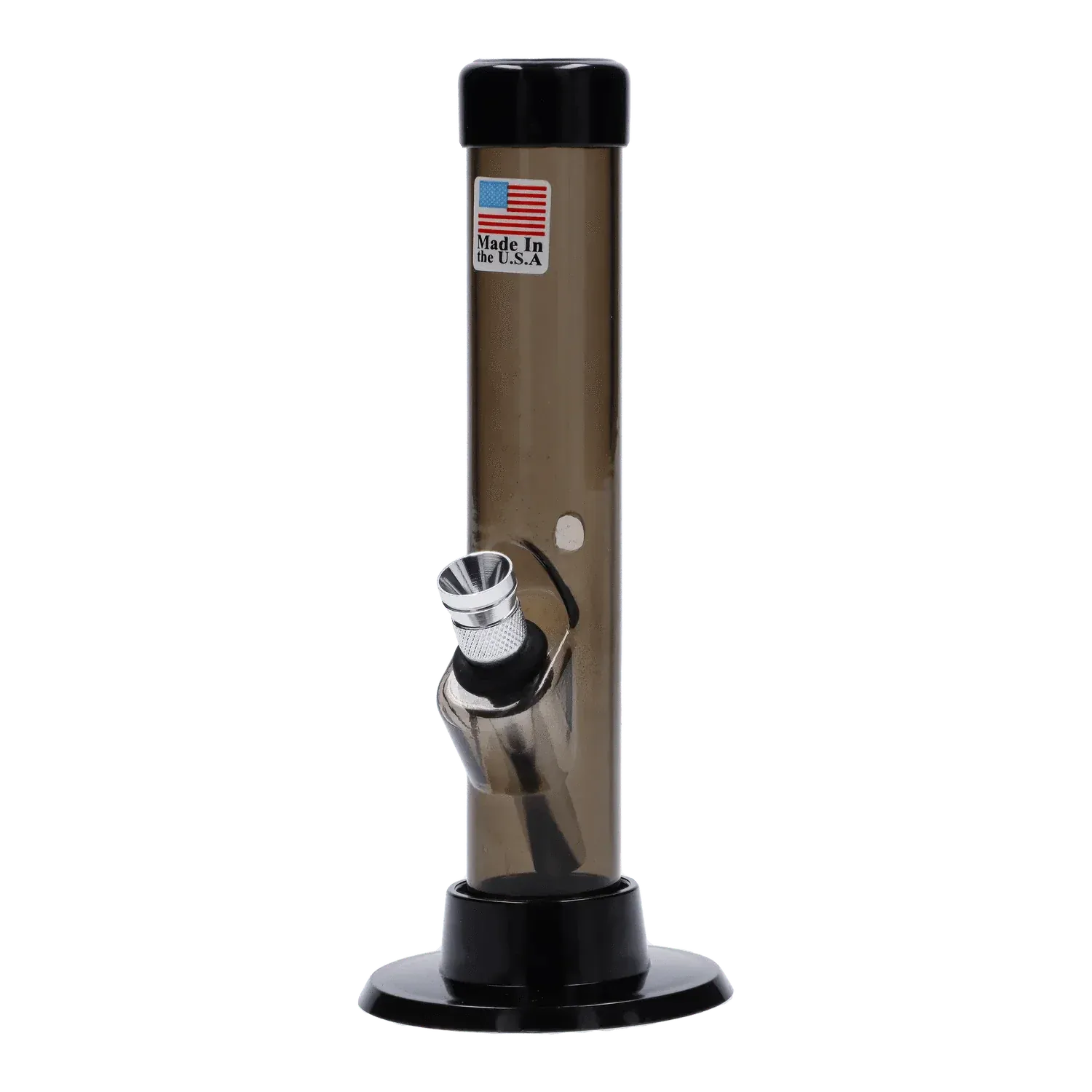Straight-on view of the JM Plastics Mini Matching Straight Tube with Carb Hole Acrylic Bong - 6 in., shown in a smoky translucent brown with a black base and metal bowl angled from the front.